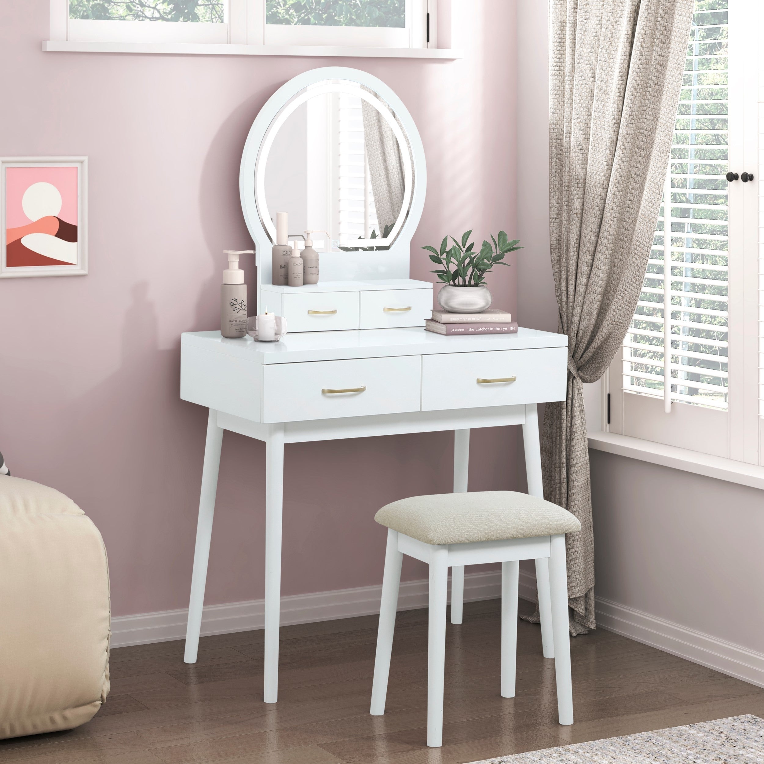 Beautiful White Finish Vanity Dresser with Mirror and Stool Set Storage Drawers Luxury Furniture 1pc LED Mirror