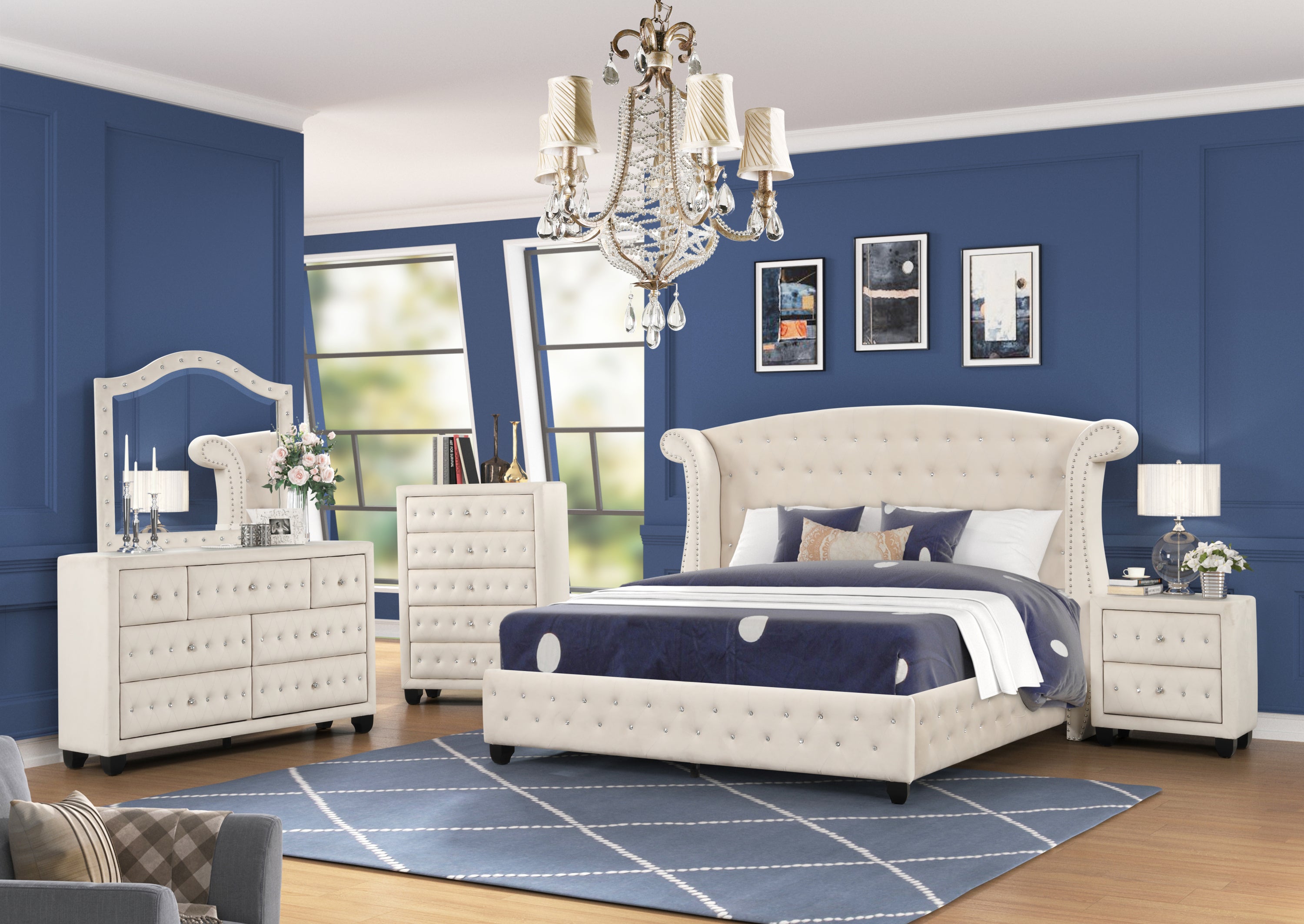 SOPHIA Crystal Tufted Full 5 Pc Bed Made with Wood in Cream(CA INVENTORY)