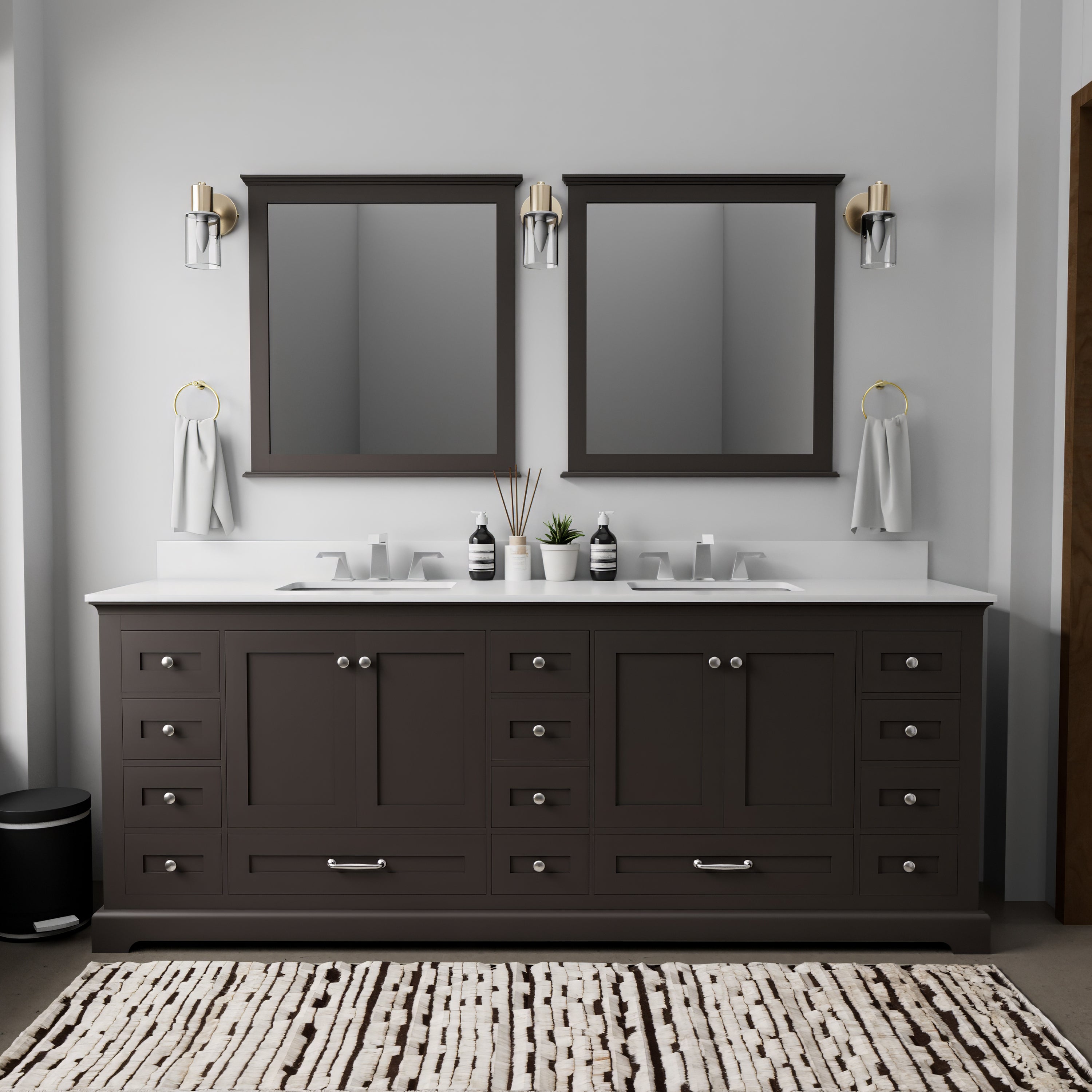 Espresso Double Bath Vanity 84 in. W x 22 in. D, White Quartz Top, and Faucet Set