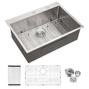 Modern Brushed Nickel 30 x 22 Inch Kitchen Sink Drop-In 16 Gauge Stainless Steel Single Bowl Topmount Basin