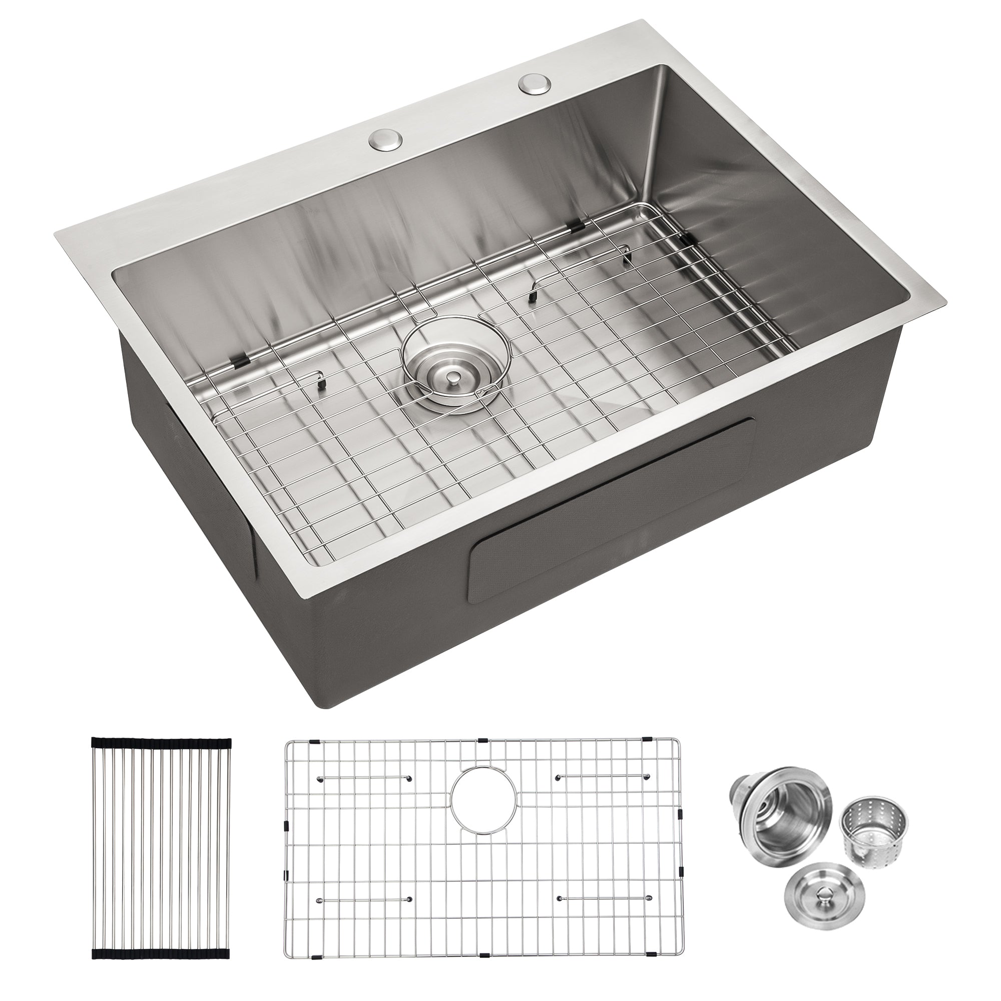 Modern Brushed Nickel 30 x 22 Inch Kitchen Sink Drop-In 16 Gauge Stainless Steel Single Bowl Topmount Basin