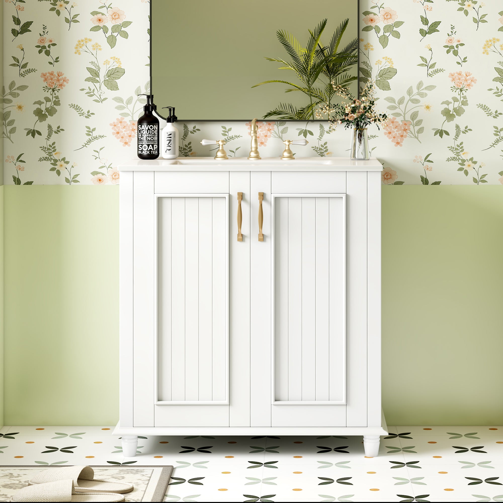 30 Inch Bathroom Vanity with Ceramic Sink, Freestanding Bathroom Vanity Set with Hidden Drawer, Storage Cabinet for Bathroom, Solid Wood Frame Bathroom Cabinet