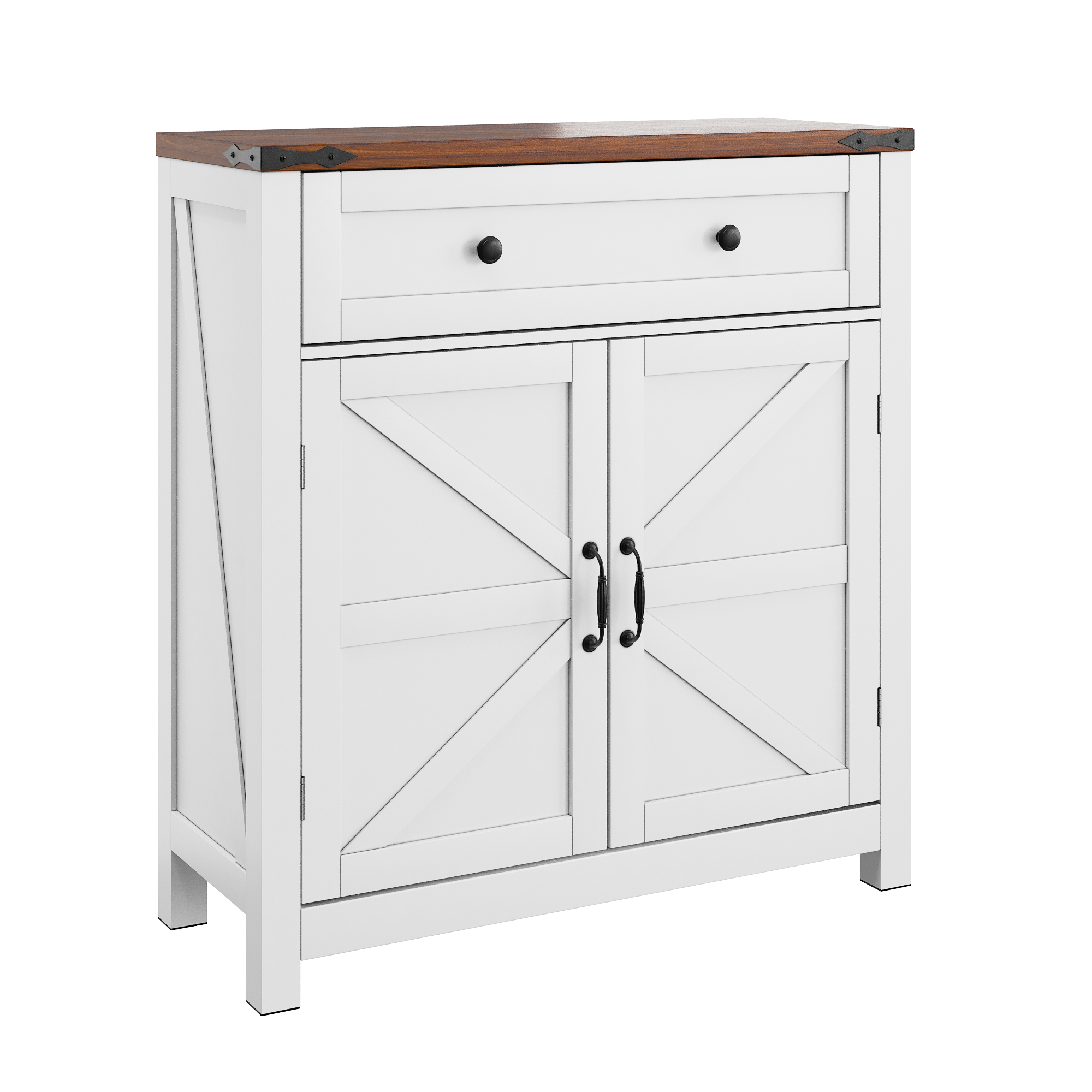 Farmhouse Storage Cabinet With Drawer And Adjustable Shelf,  White Kitchen Cabinet With Walnut Countertop,  Modern Coffee Bar Console Cabinet For Kitchen,  Dining Room,  Bathroom,  Entryway