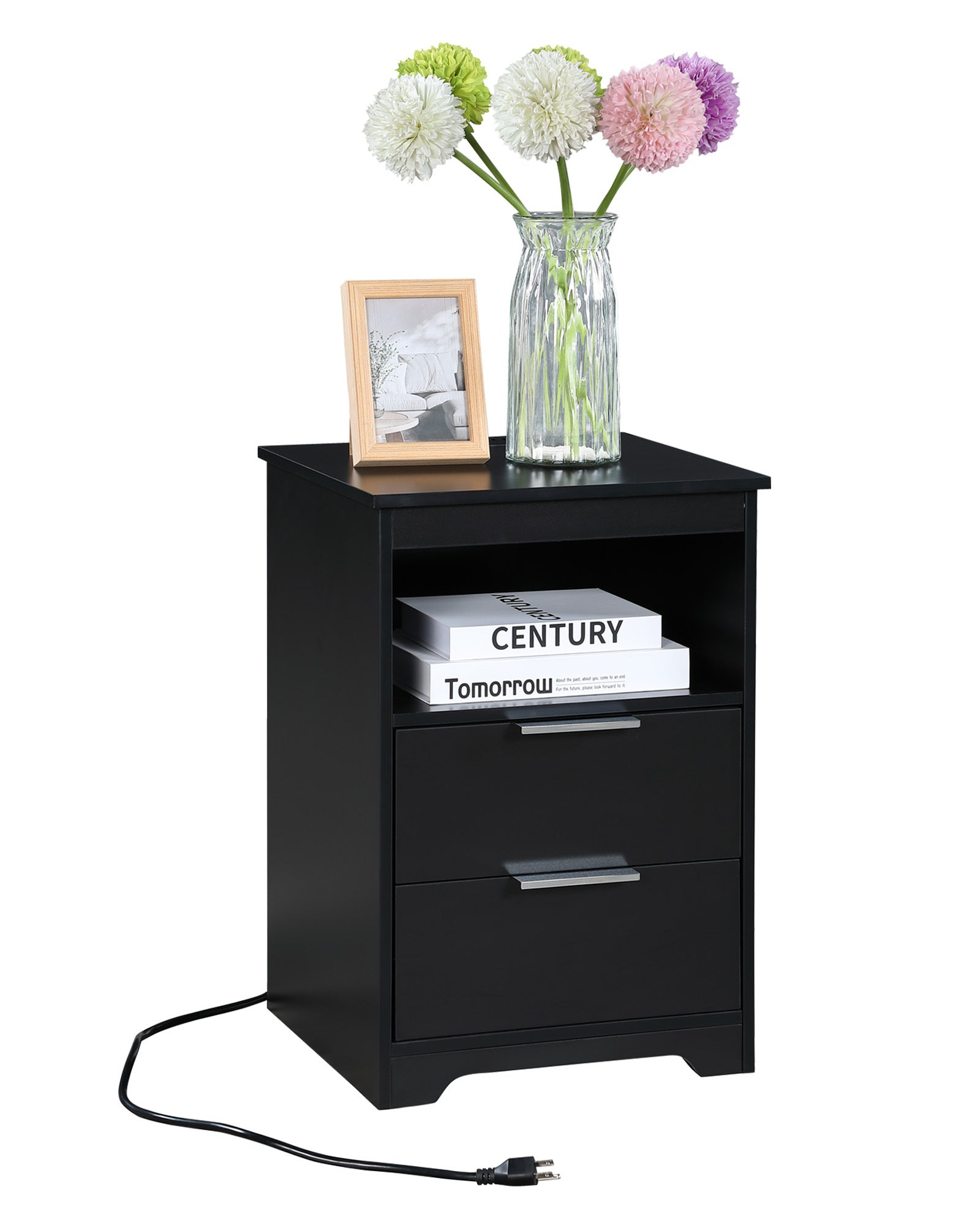 Nightstand with Charging Station,End Table with 2 Drawers,Wooden End Table with Drawer and Opening Shelf,Side Table for Bedroom, Black