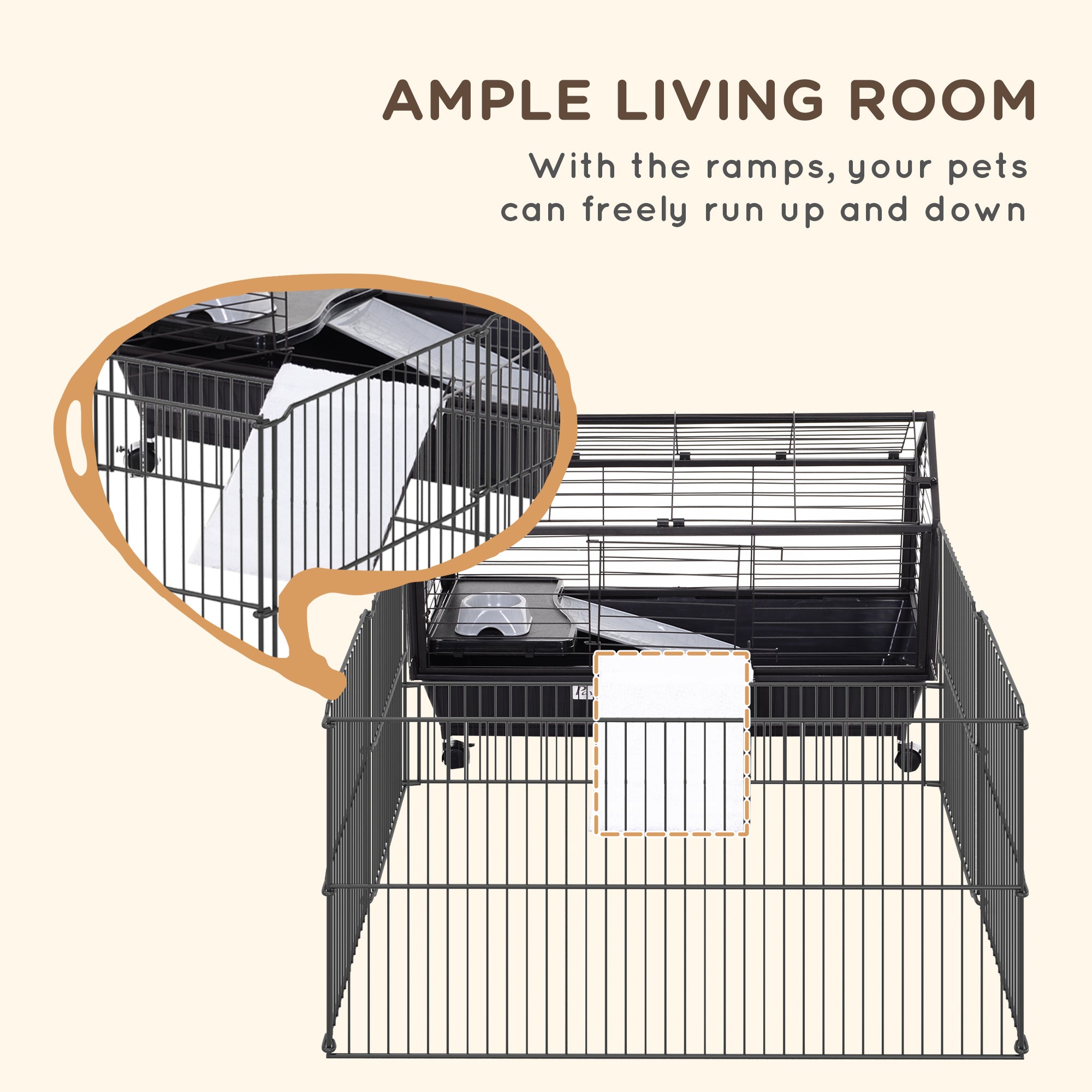 Small Animal Playpen Cage w/ Rolling Caster, Water Bottle, 35' L