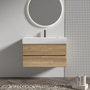 Grace 36'  Rough Oak+Rough Oak Bathroom Vanity with White Engineered Quartz Sink and Soft Drawers, Wall Mounted Floating Bathroom Vanity for Modern Bathroom, One-Piece White Glossy Basin, KD
