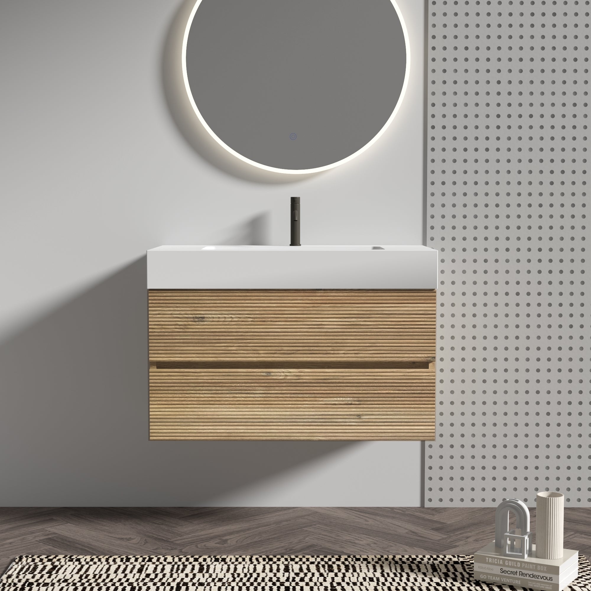 Grace 36'  Rough Oak+Rough Oak Bathroom Vanity with White Engineered Quartz Sink and Soft Drawers, Wall Mounted Floating Bathroom Vanity for Modern Bathroom, One-Piece White Glossy Basin, KD