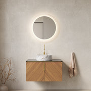 ARAI 30' Bathroom Vanity&Sink, Wall-Mounted Plywood Bathroom Storage Cabinet with Double Doors, Black Sintered Stone Countertop&White Round Ceramic Basin with Stone Pattern, Brown Oak Woodgrain Color