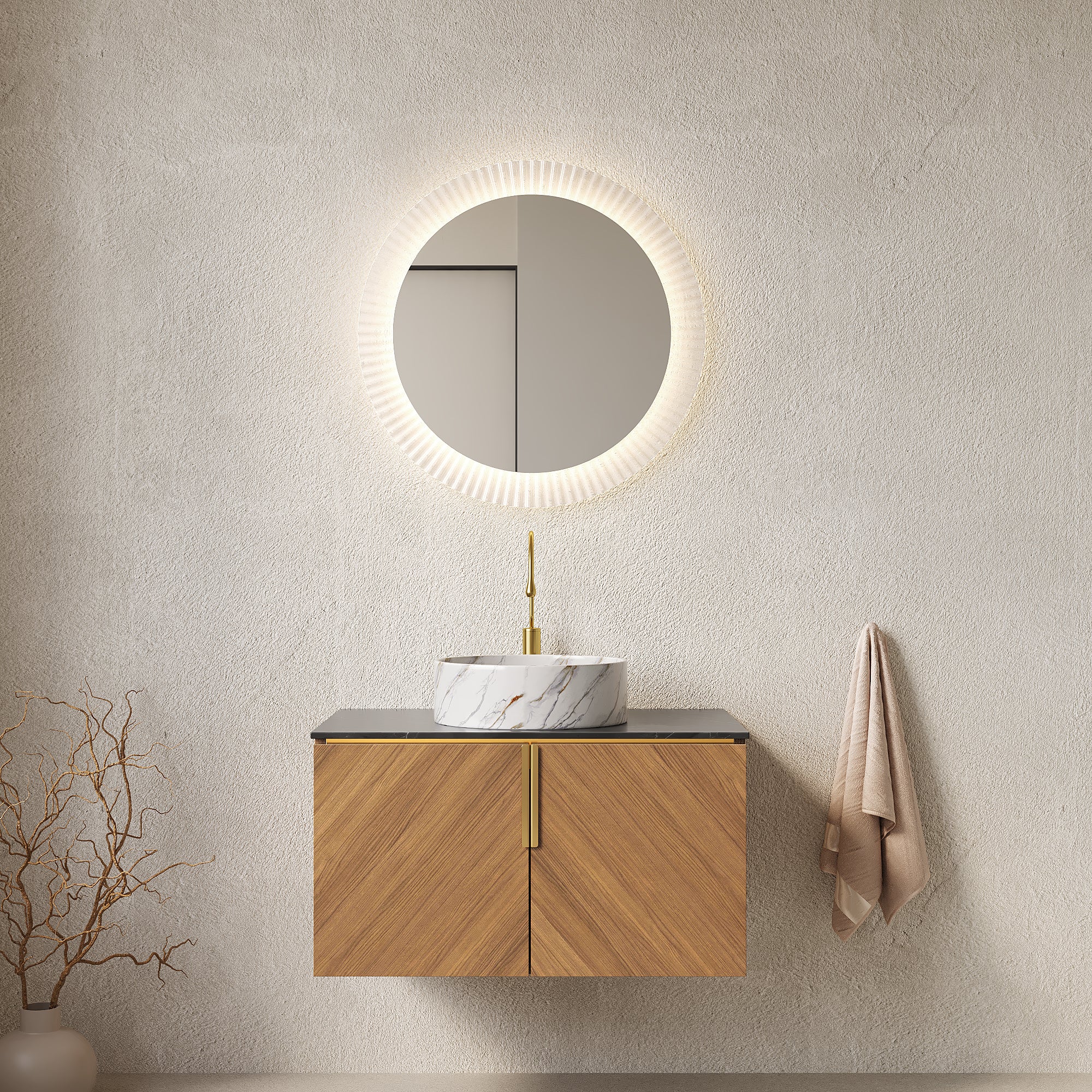 ARAI 30' Bathroom Vanity&Sink, Wall-Mounted Plywood Bathroom Storage Cabinet with Double Doors, Black Sintered Stone Countertop&White Round Ceramic Basin with Stone Pattern, Brown Oak Woodgrain Color