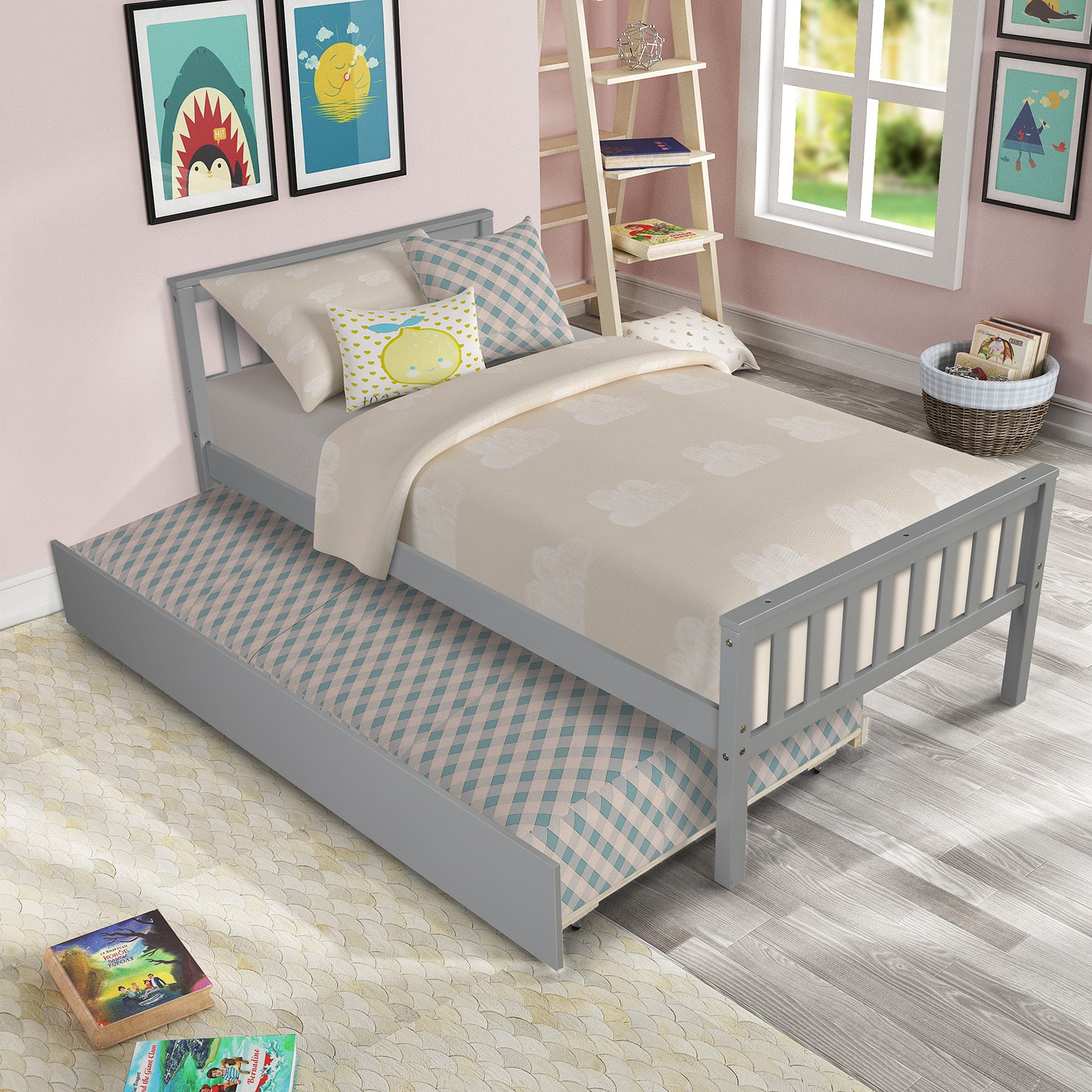 Twin Bed with Trundle, Platform Bed Frame with Headboard and Footboard, for Bedroom Small Living Space,No Box Spring Needed,Grey(New SKU:W504P148530)