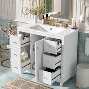 Modern White Bathroom Vanity with Ceramic Sink Combo – 36x18.3x34.1 inches, 4 Drawers and 1 Door, Versatile Storage, Adjustable Shelf, Solid Wood Frame, MDF(Old SKU:SV000016AAK-1)