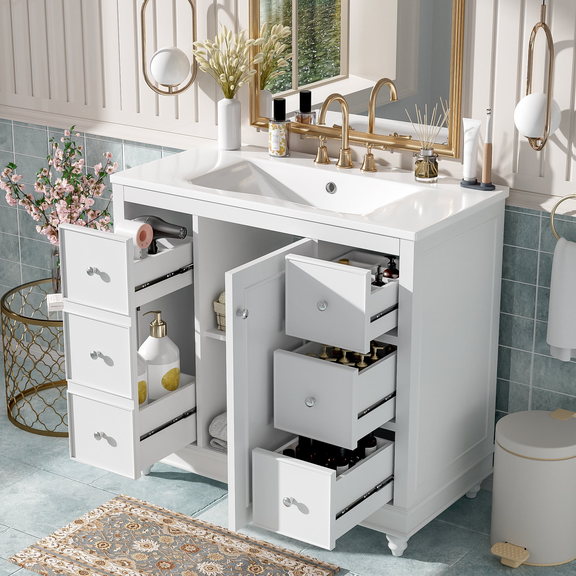 Modern White Bathroom Vanity with Ceramic Sink Combo – 36x18.3x34.1 inches, 4 Drawers and 1 Door, Versatile Storage, Adjustable Shelf, Solid Wood Frame, MDF(Old SKU:SV000016AAK-1)