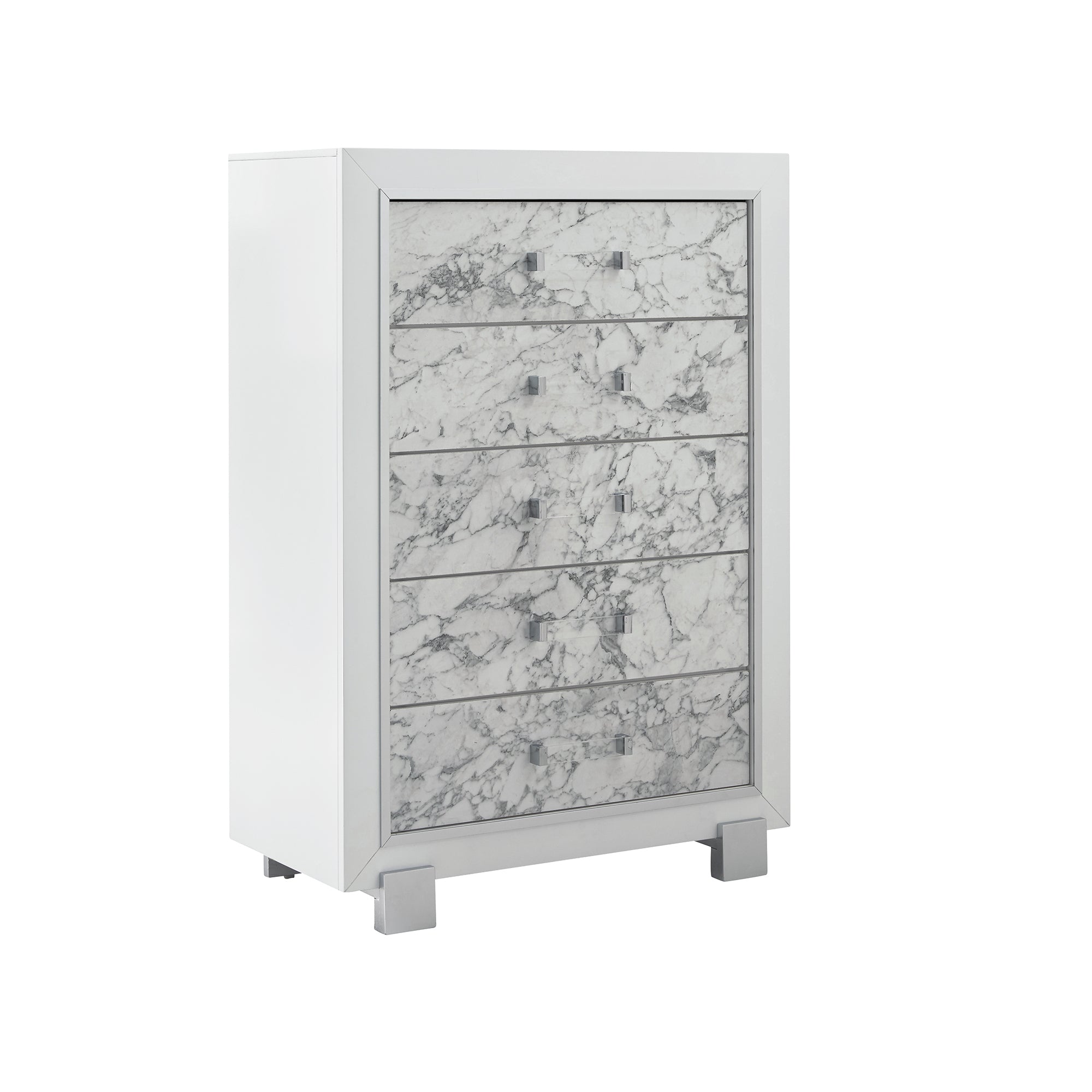 SKYE Marble White Chest with Marble Style Drawer Fronts and Rubberwood Frame