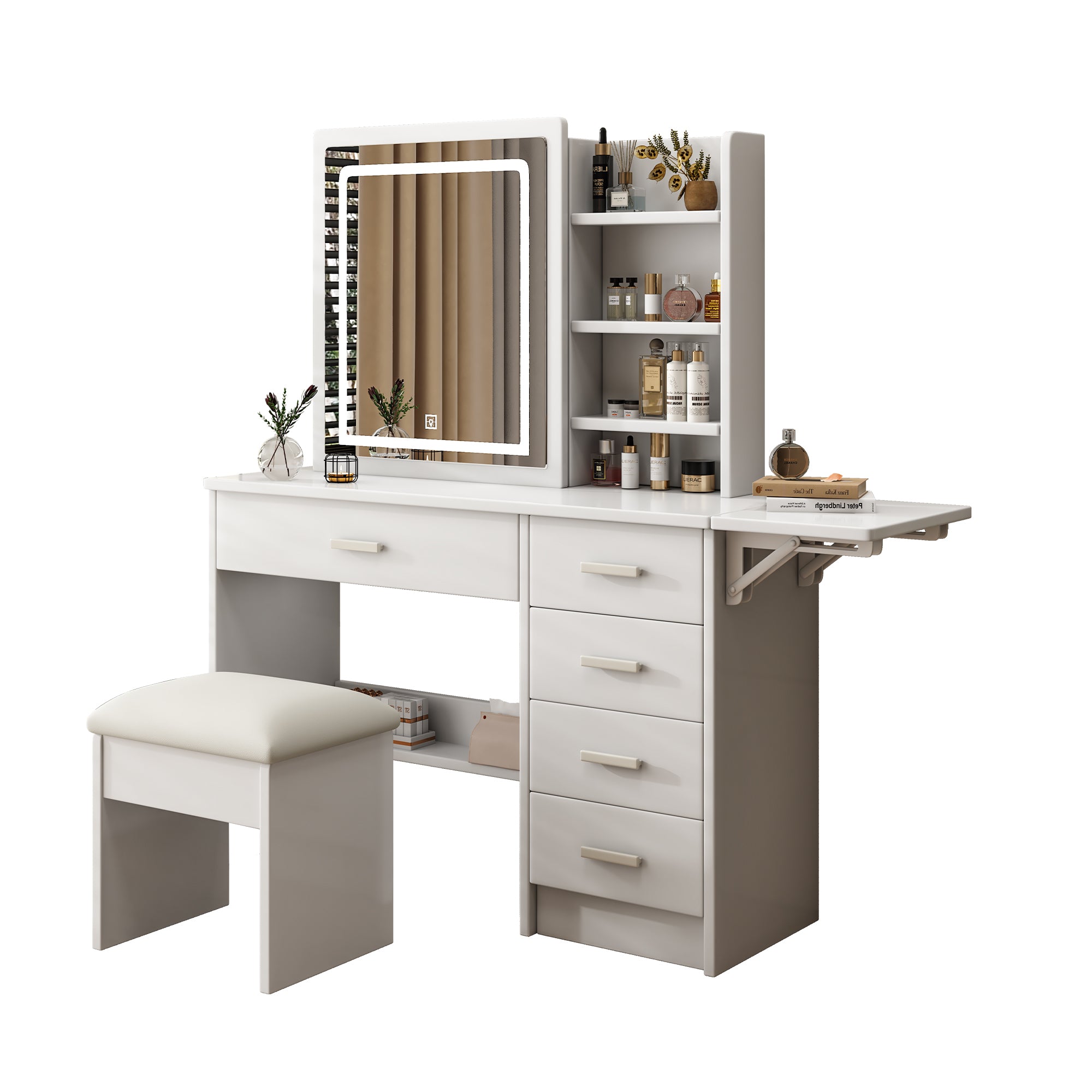 Fashion Vanity Desk with Mirror and Lights for Makeup, White MDF, 5 Drawers, Adjustable Lighting