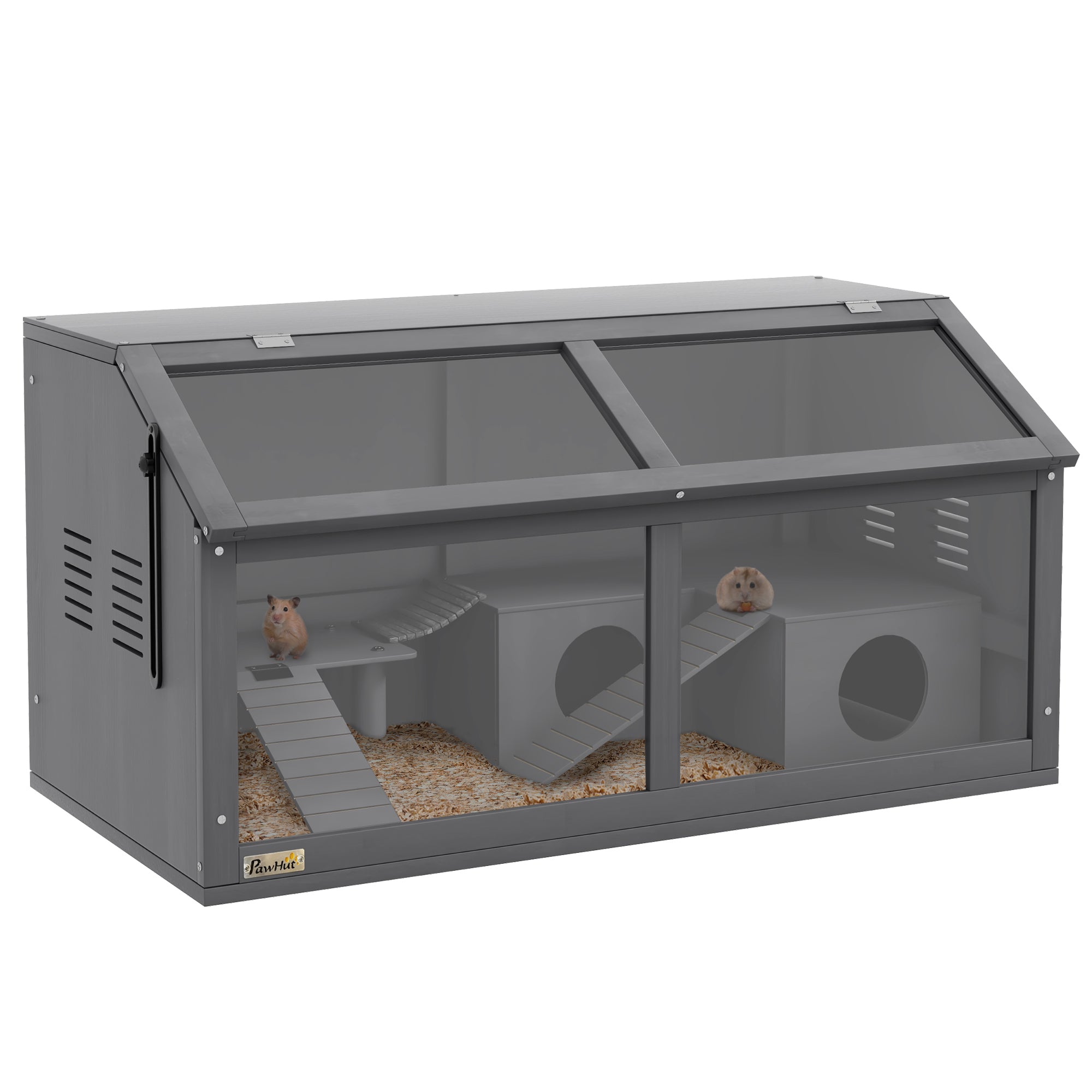 PawHut Wooden Hamster Cage, Hamster Habitat, Small Animal Cage Playhouse for Gerbils Mice with Suspension Bridge, Ladders, Openable Top, Hut, 33.5' x 18' x 17'