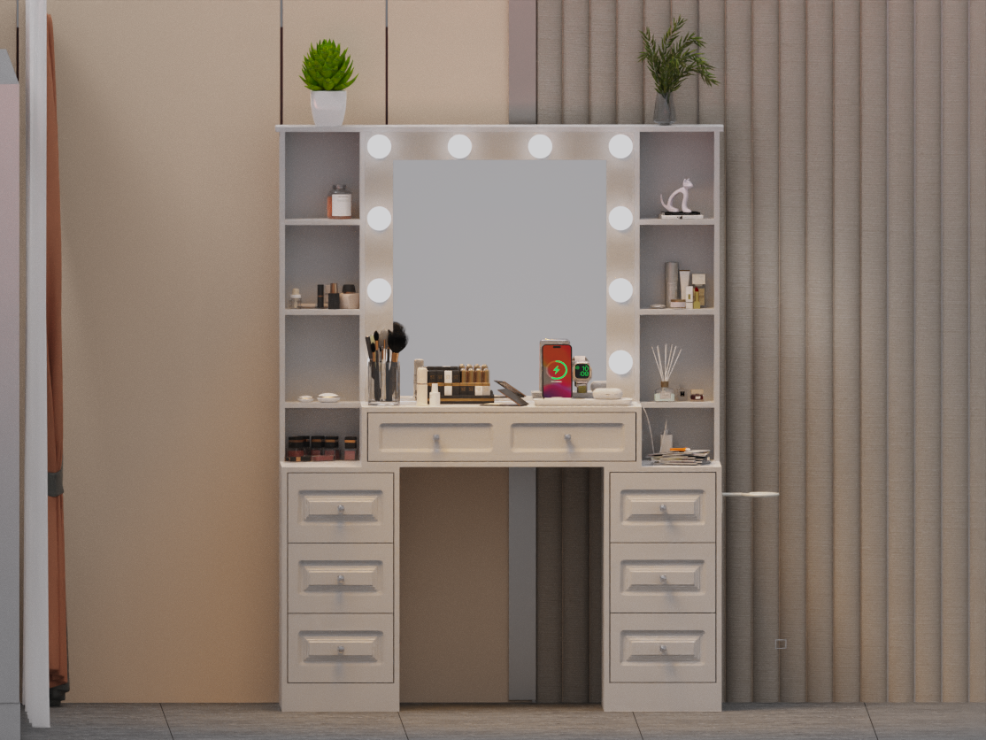 Vanity Desk with with Mirror and Lights,Makeup Vanity Table wwith Lighted Mirror & Charging Station, 
Vanity Desk Dresser