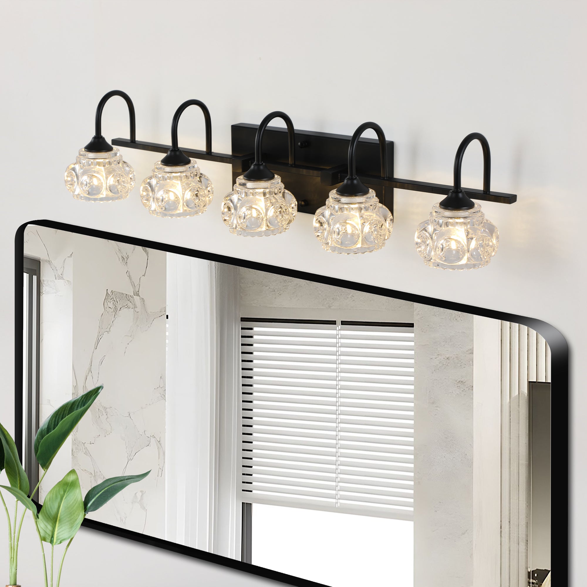 29' Retro 5-Light Bathroom Vanity Light Fixture - Black Finish with Crystal Glass Shades, Wall Mounted Lighting for Bathroom, Powder Room, and Vanity Mirror (No Bulbs)