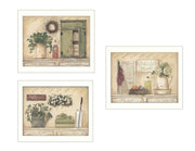 'Garden Bath Collection' 3-Piece Vignette By Pam Britton, Printed Wall Art, Ready To Hang Framed Poster, White Frame