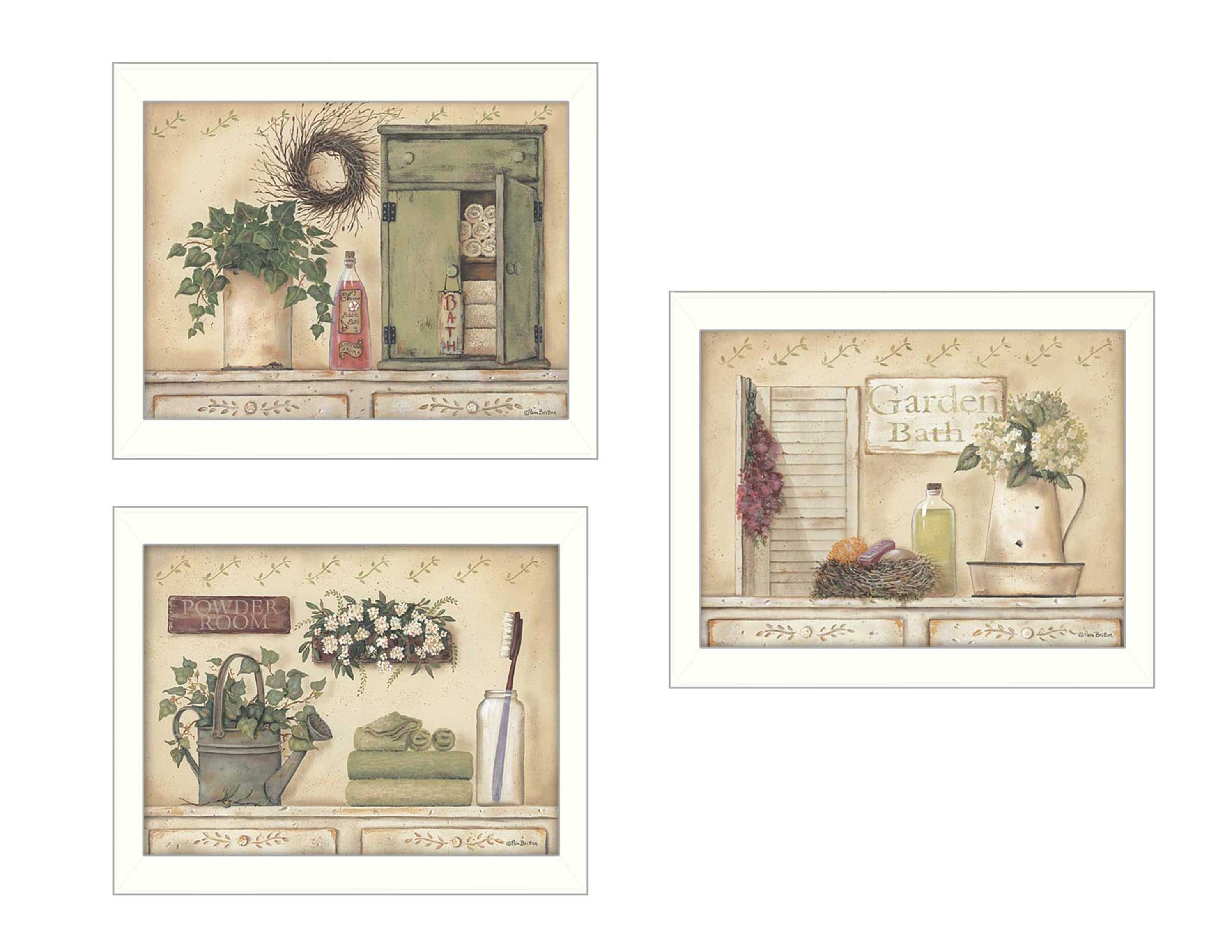 'Garden Bath Collection' 3-Piece Vignette By Pam Britton, Printed Wall Art, Ready To Hang Framed Poster, White Frame