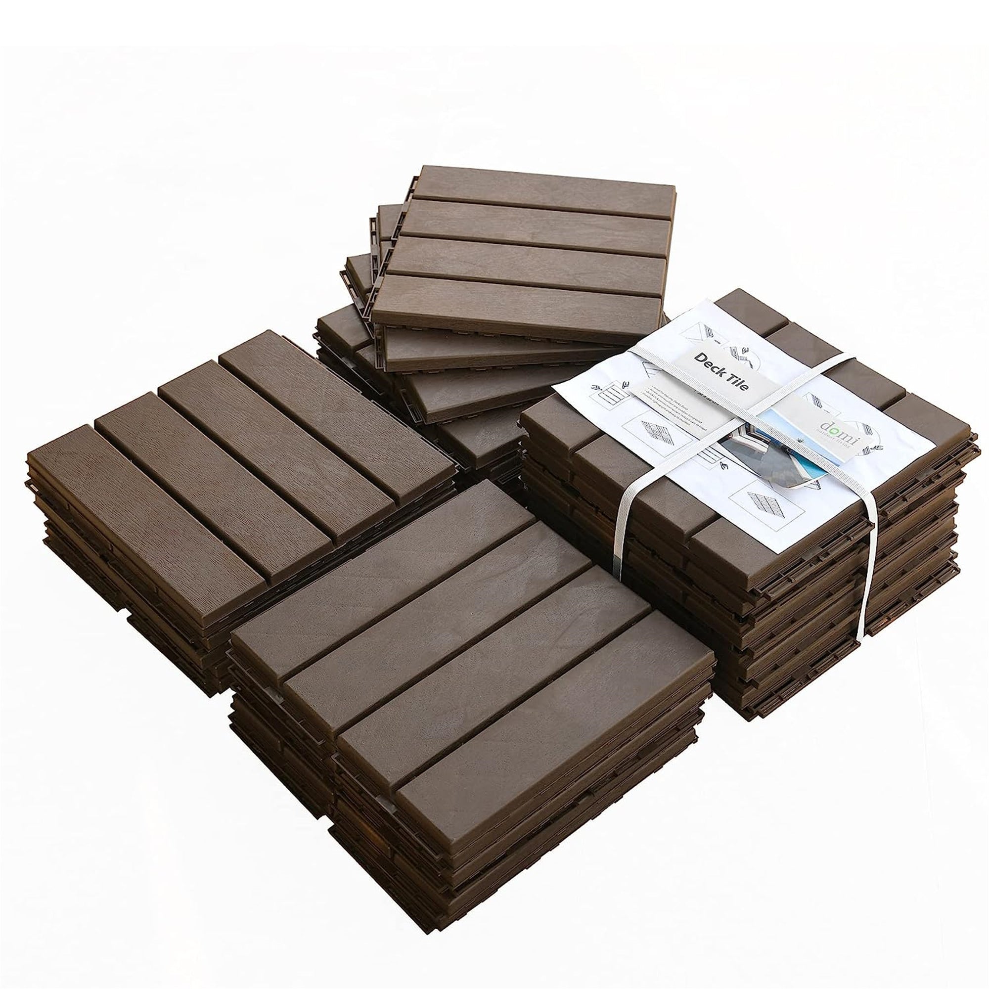 Patio Interlocking Deck Tiles, 12'x12' Square Composite Decking Tiles, Four Slat Plastic Outdoor Flooring Tile All Weather for Balcony Porch Backyard, (Dark Brown, Pack of 27)