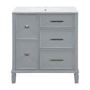 30 Inch Bathroom Vanity with Ceramic Sink, Flip-Out Drawer Design for Plumbing, Soft Close Drawers, Grey Painted MDF Cabinet with Solid Wood Legs