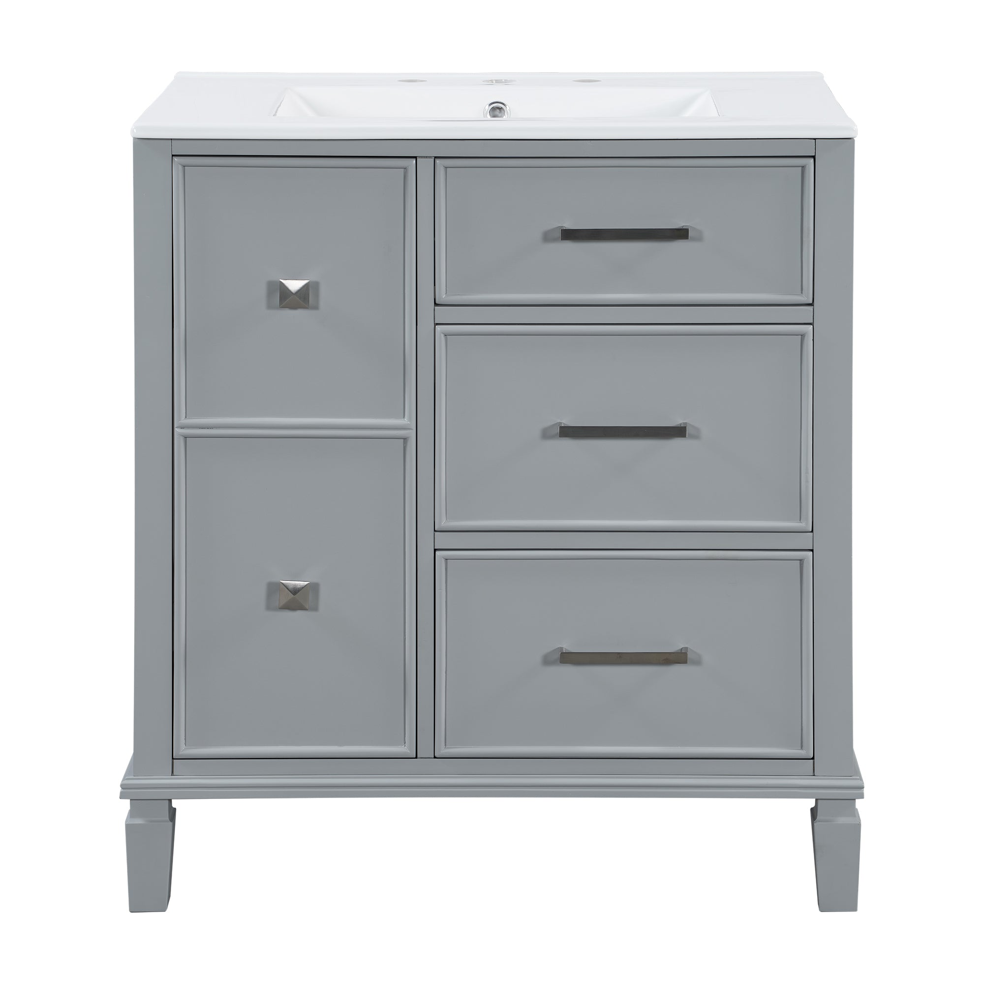 30 Inch Bathroom Vanity with Ceramic Sink, Flip-Out Drawer Design for Plumbing, Soft Close Drawers, Grey Painted MDF Cabinet with Solid Wood Legs