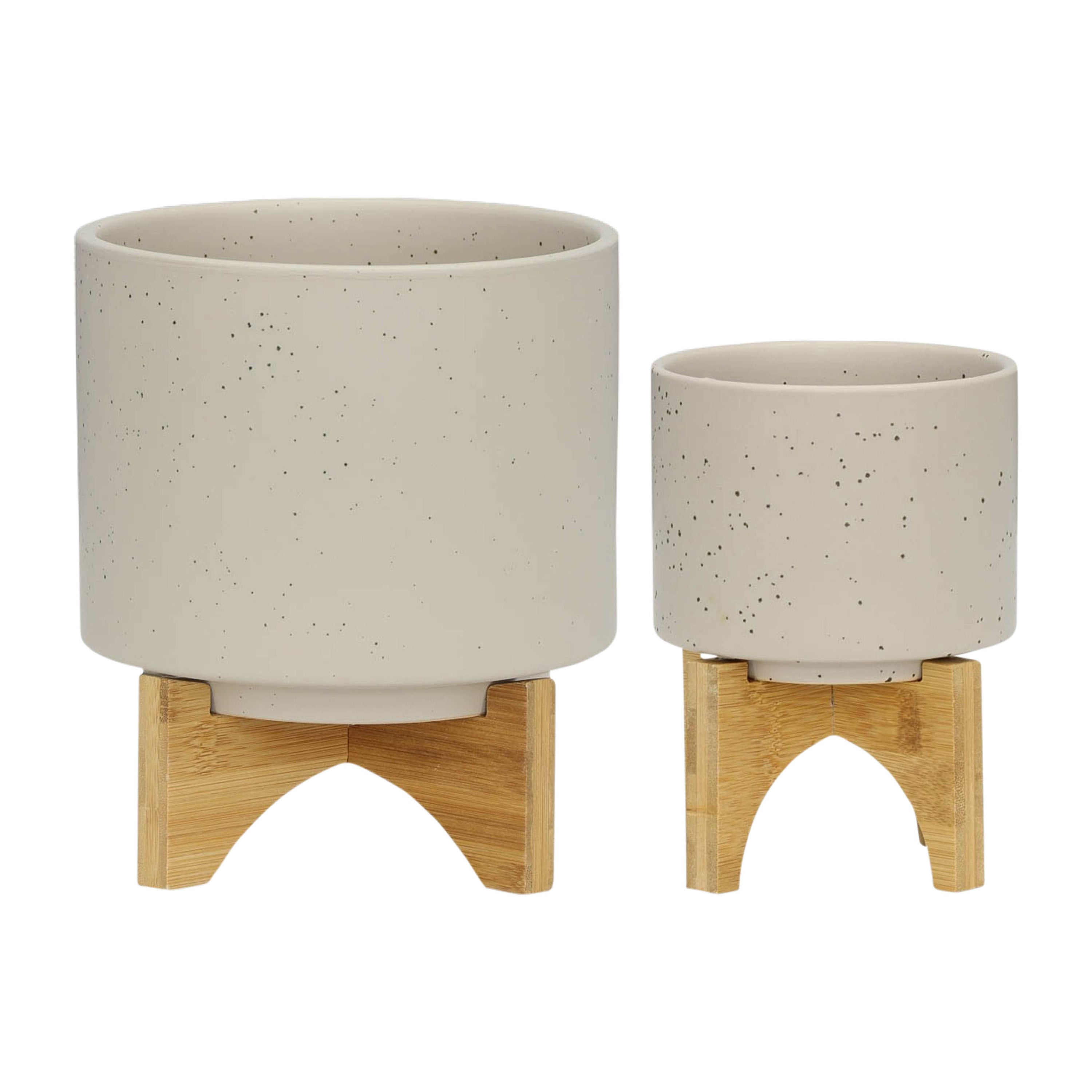 S/2 5/8' PLANTER W/ WOOD STAND, MATTE BEIGE