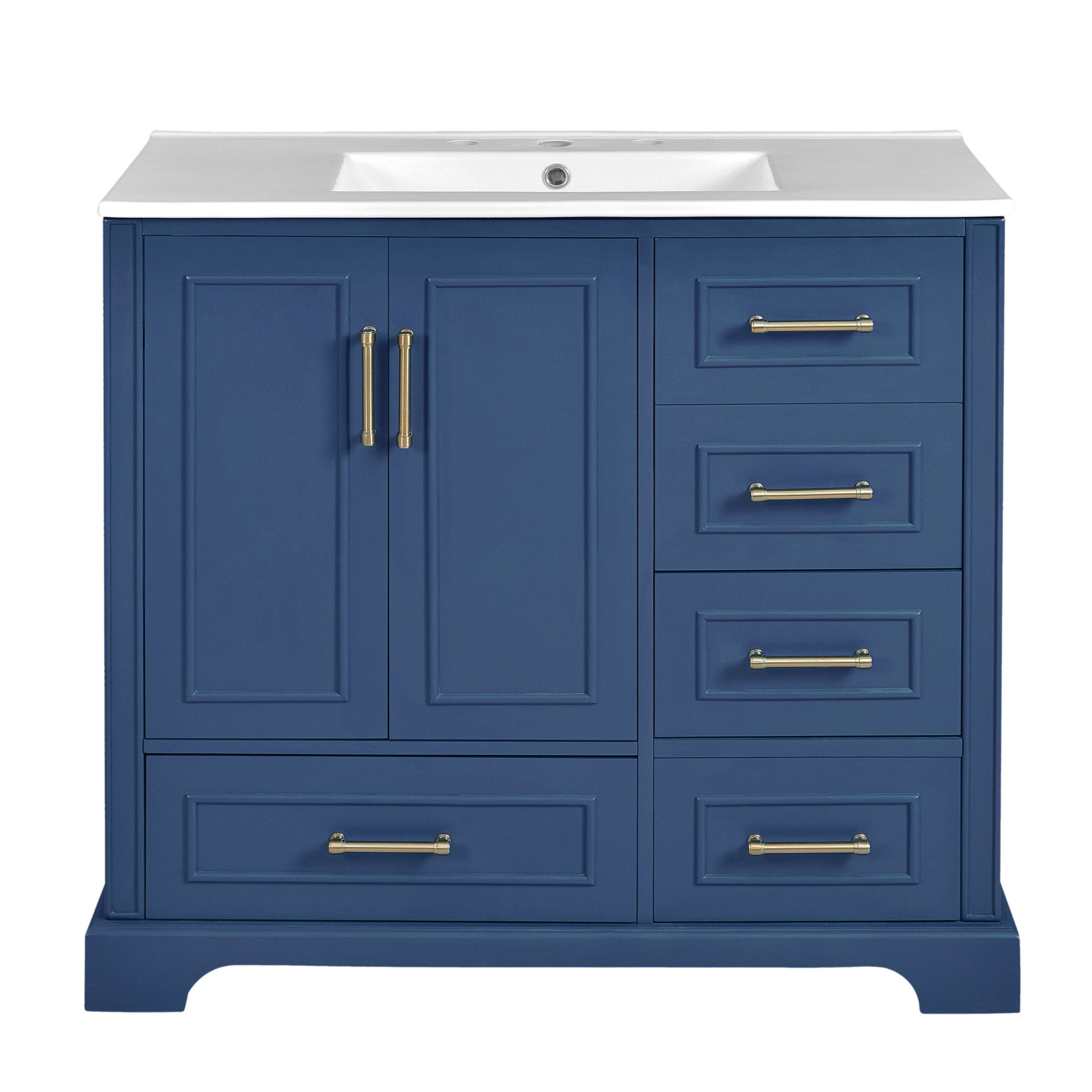 Traditional 36-Inch Bathroom Vanity with Ceramic Sink, Blue Cabinet with Soft Close Doors and Drawers