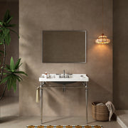 VICI 36' Bathroom Console Sink, Wall-Mounted White Ceramic Vanity Basin with 3 Pre-drilled Faucet Holes, Freestanding Stainless Steel Support Legs with Towel Bar, No Faucet, Chrome Color
