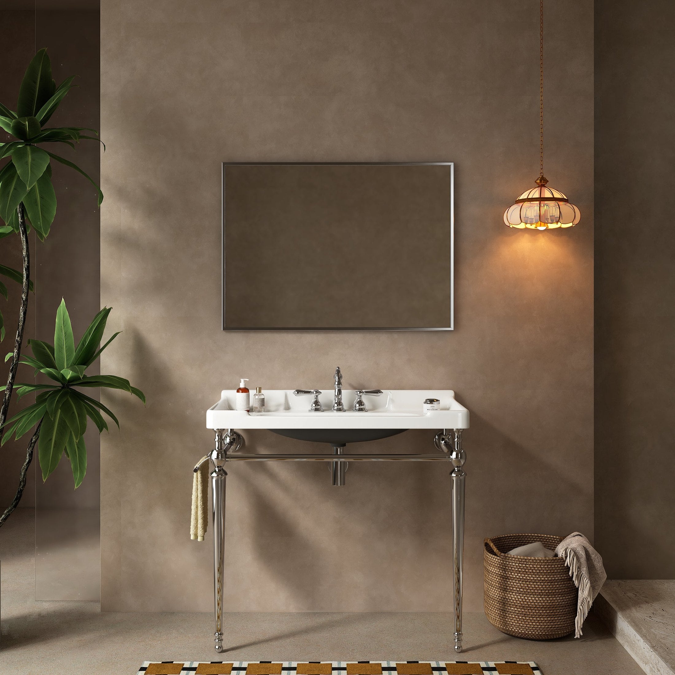 VICI 36' Bathroom Console Sink, Wall-Mounted White Ceramic Vanity Basin with 3 Pre-drilled Faucet Holes, Freestanding Stainless Steel Support Legs with Towel Bar, No Faucet, Chrome Color