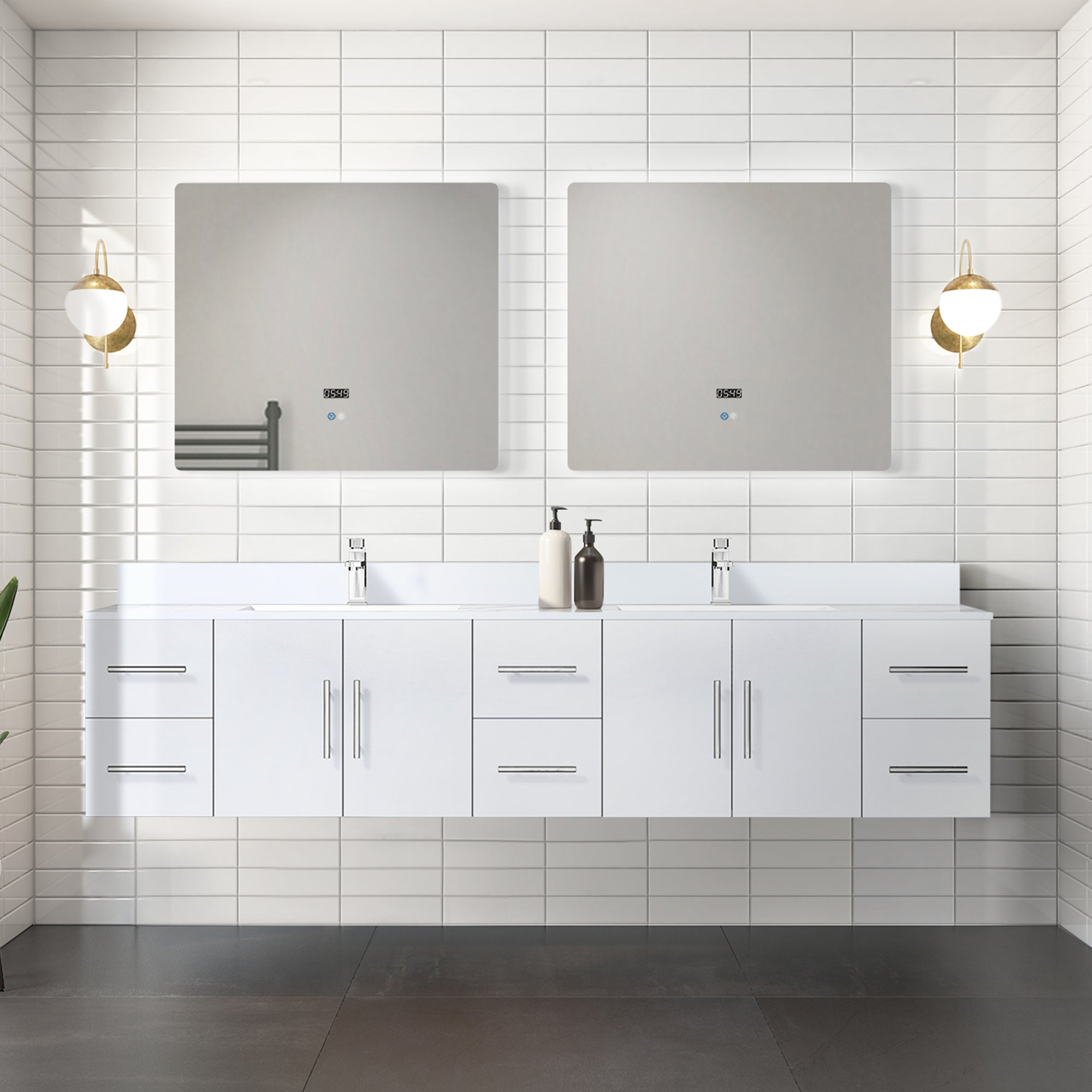 Glossy White Double Bath Vanity 84 in. W x 22 in. D, with White Quartz Top