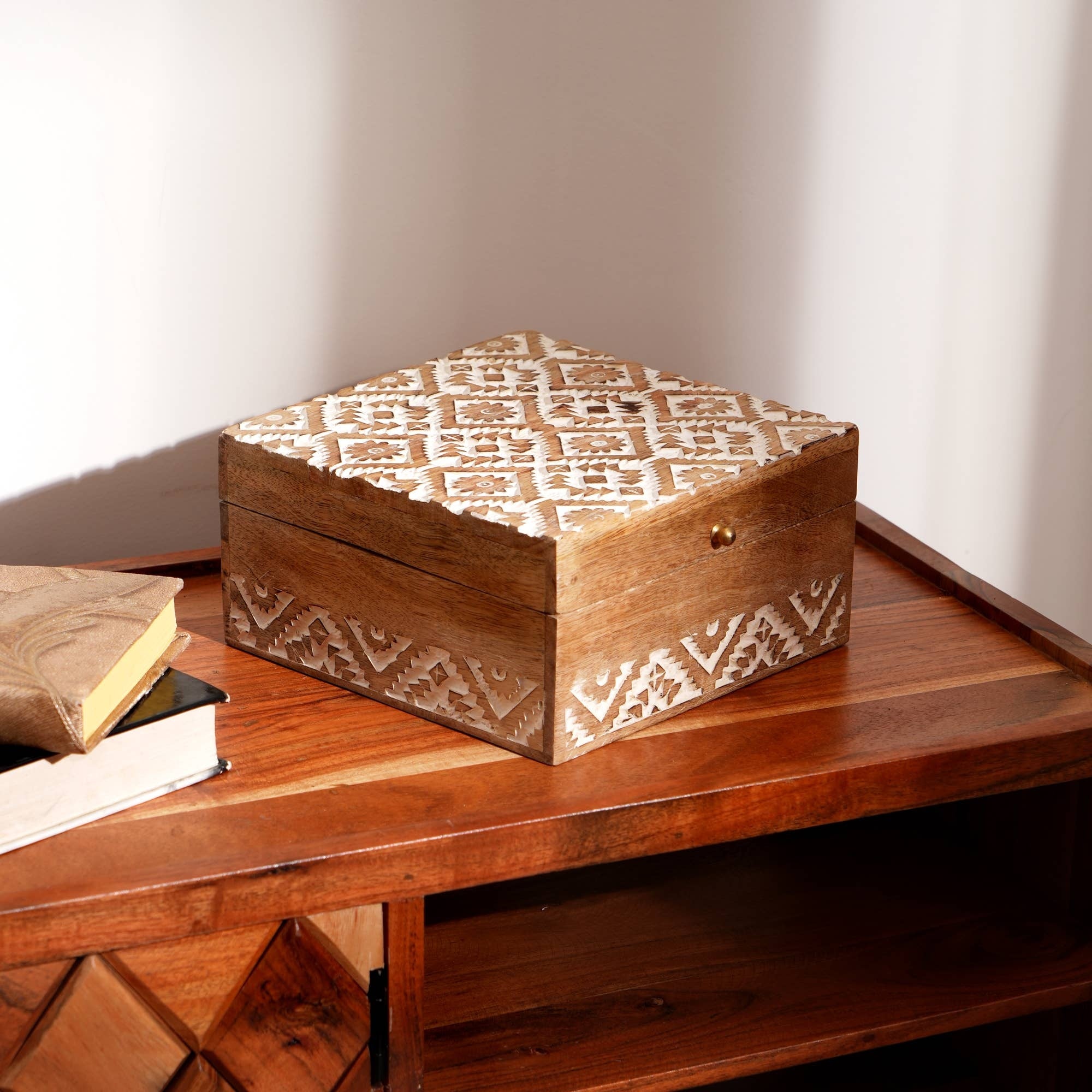 Handcrafted White Wood Carved Decorative Box – 6x6x2.5' with Whitewash Finish