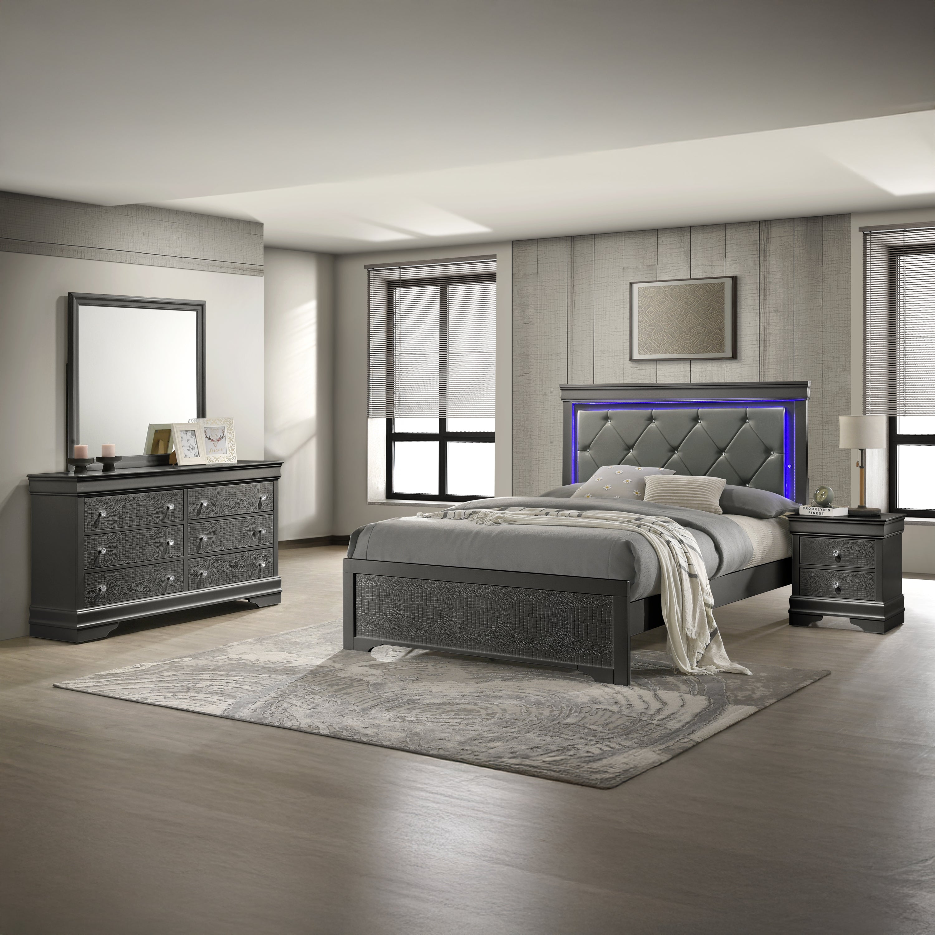 Blaze Upholstered Modern Style 4 Pc King Bedroom Set with LED Headboard Made with Wood in Metallic Gray(CA WAREHOUSE)