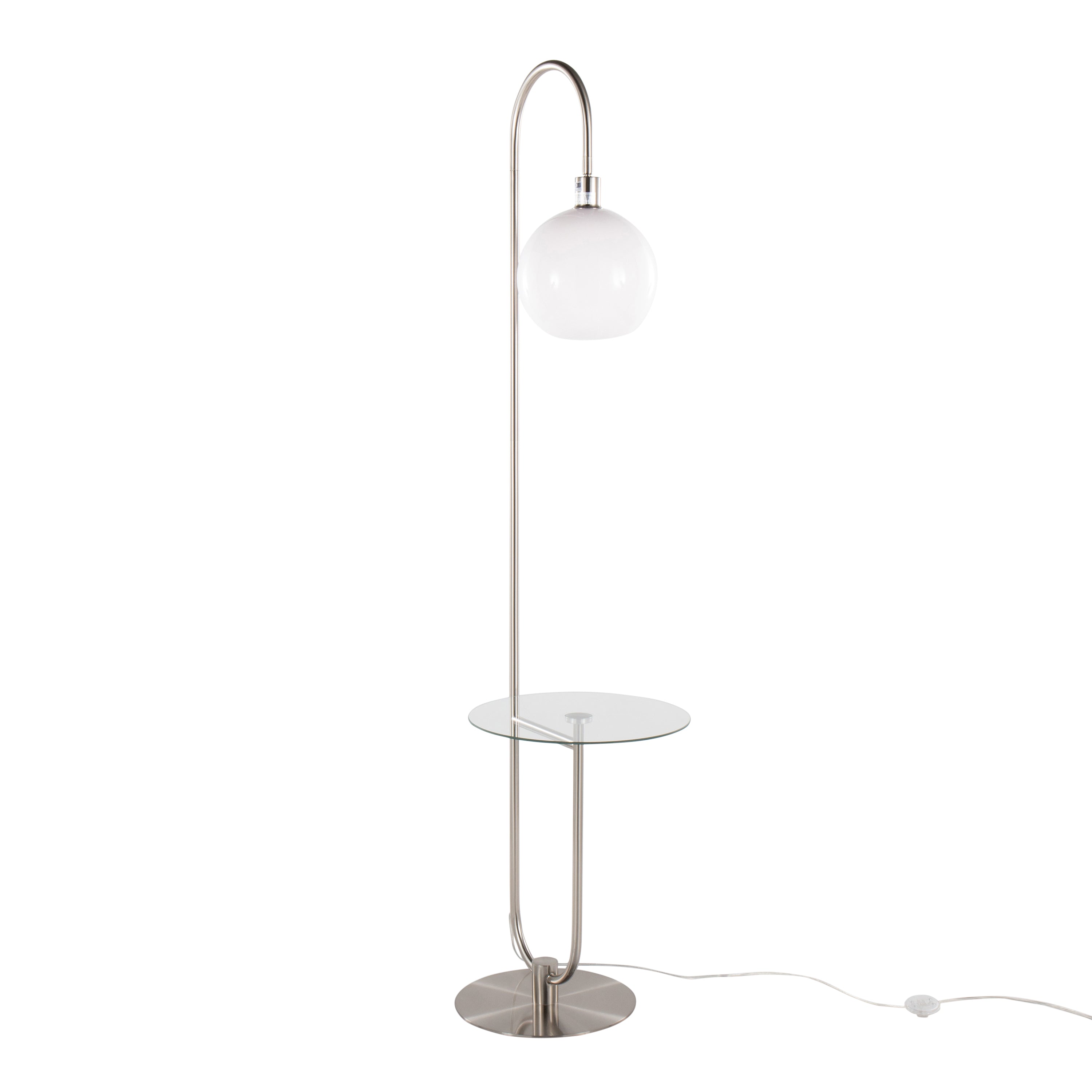 Trombone Contemporary/Glam Floor Lamp in Nickel Metal with Clear Glass Shelf by LumiSource