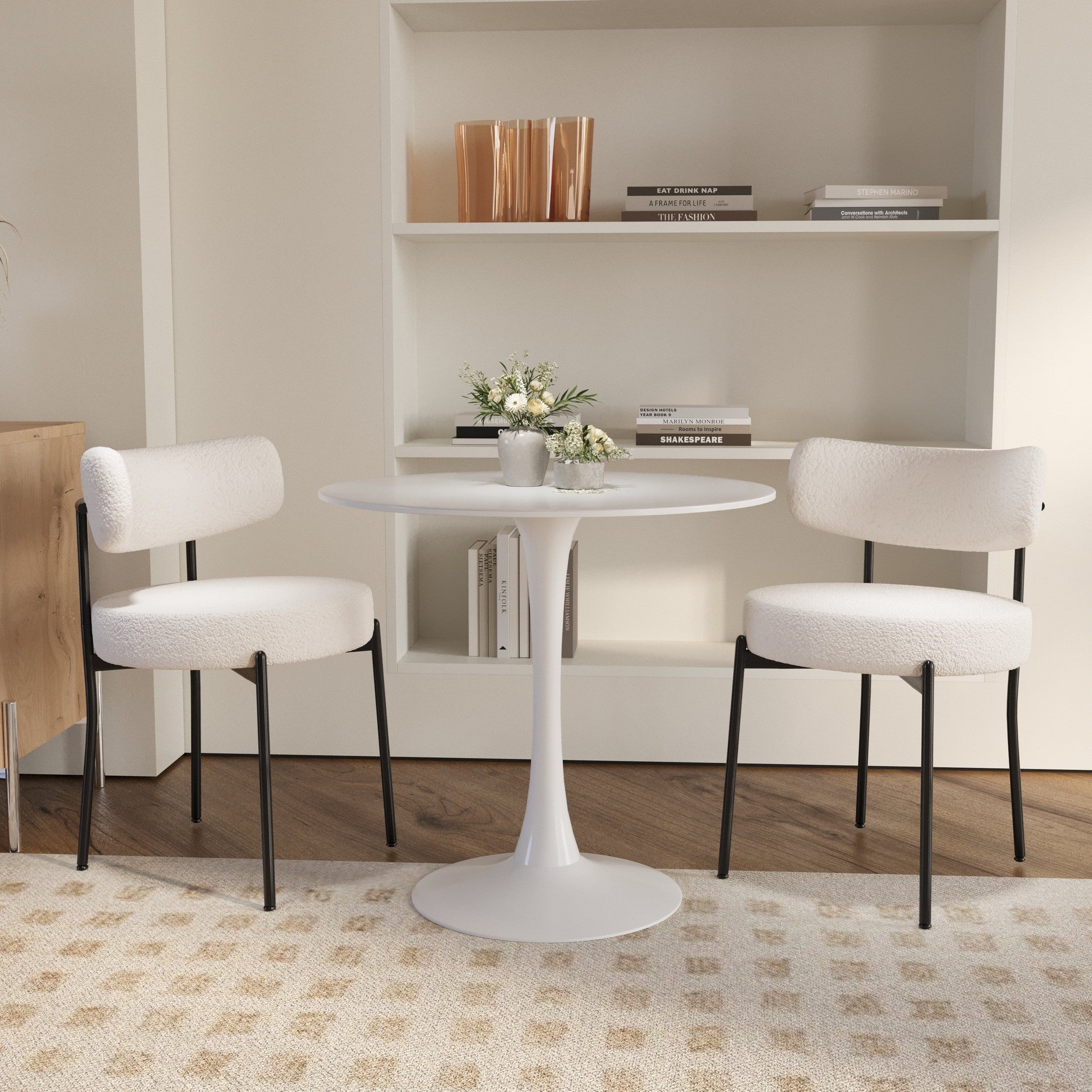 31.5' round dining table set for 2 and 2 pieces Upholstered Chairs for Four Person, MDF Table-top, Off White Faux Fur with White table Leg for Kitchen, Reception Room