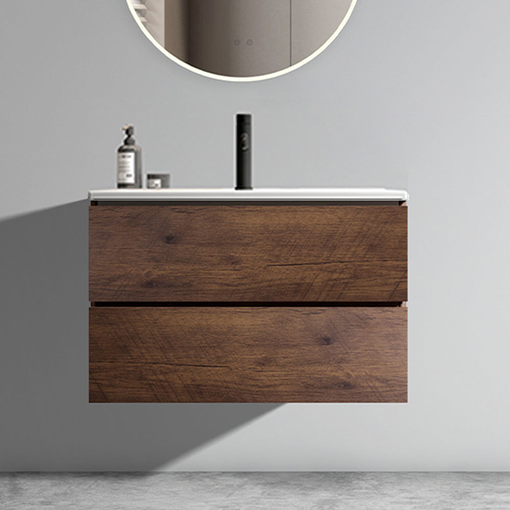 Wall Mount 30' Walnut Bathroom Vanity with Ceramic Sink with Single hole, Large Storage Floating Bathroom Vanity for Modern Bathroom, One-Piece Sink Basin without Drain, Pre-assembled