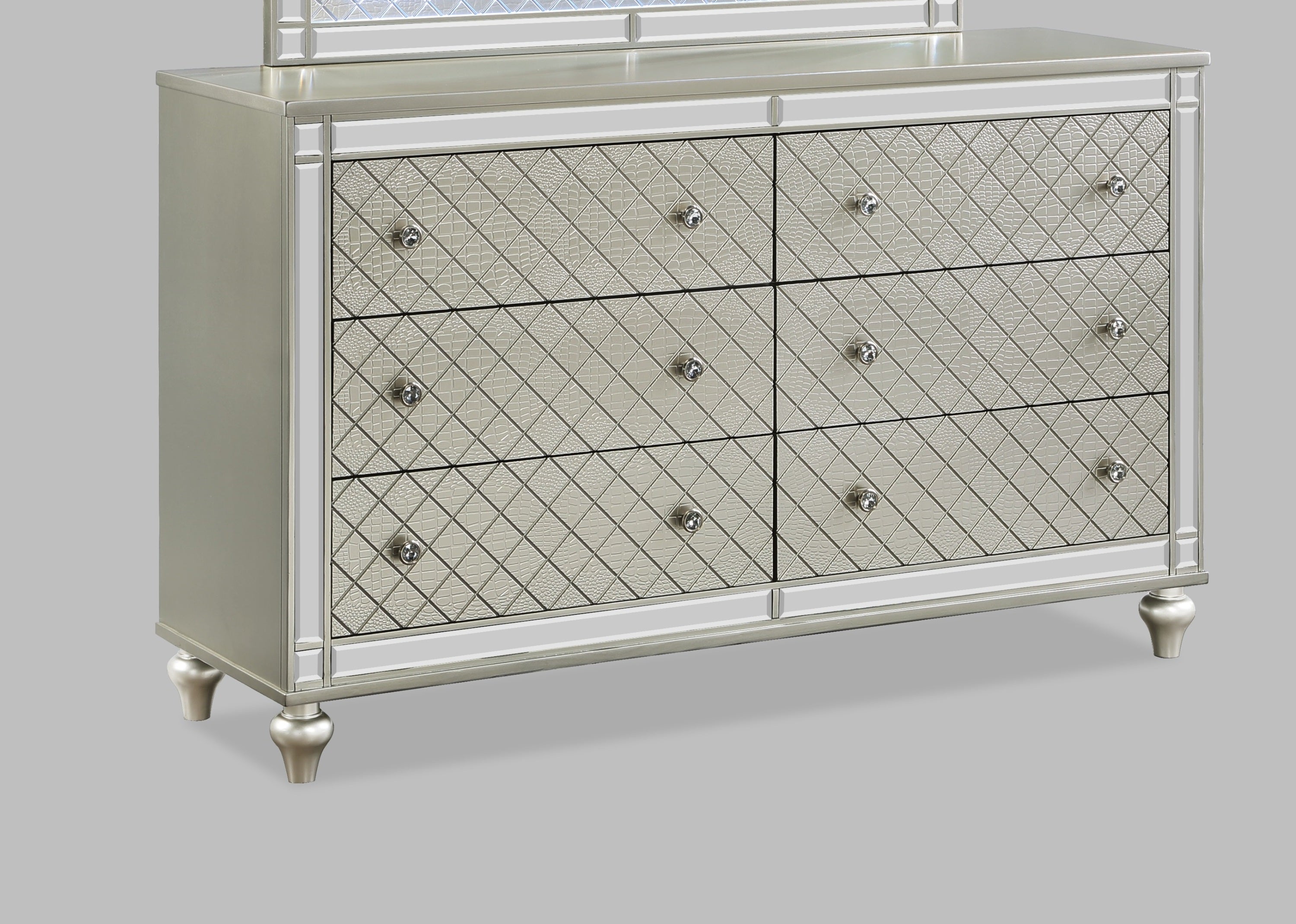 1pc Glam 6-Drawer Bedroom Dresser Diamond Patterned Drawer Fronts Silver Finish
