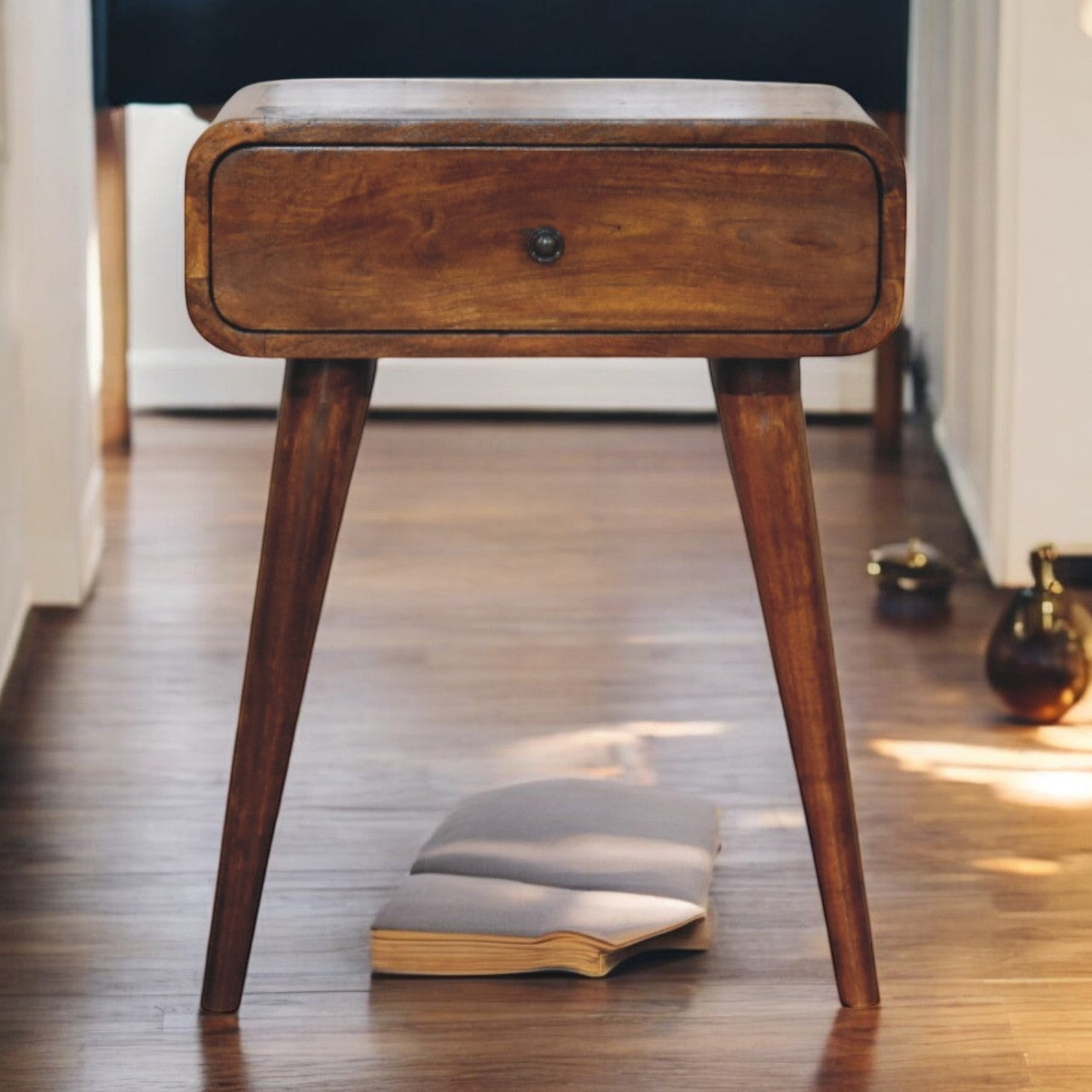 Avora Chestnut Nightstand with 1-Drawer, Nordic Legs, Brown