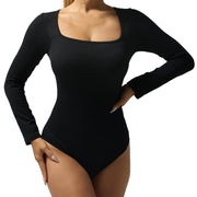 XL Size Black Women's Long Sleeve Triangle Bodysuit Slim Top Comfortable Square Neck Casual Original Overall Spandex Crewneck Minimalist Skinny