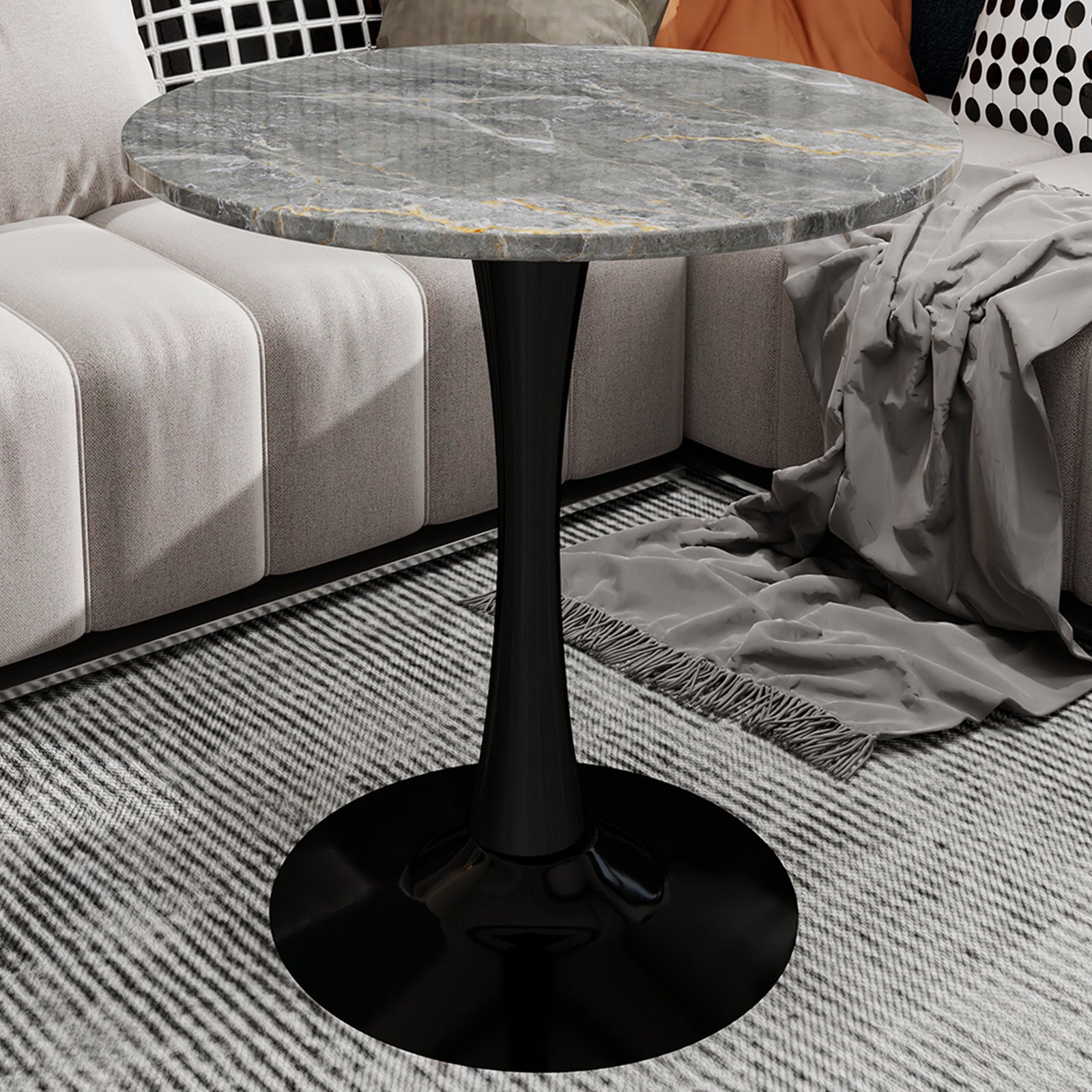 27.6-inch black coffee table, mid-century modern style dining table, accommodates 2-4 people, featuring a round dark gray textured marble tabletop, suitable for various settings.