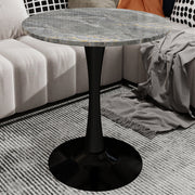 27.6-inch black coffee table, mid-century modern style dining table, accommodates 2-4 people, featuring a round dark gray textured marble tabletop, suitable for various settings.