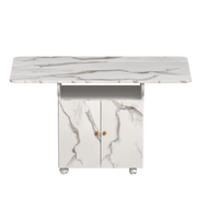 Versatile 47' White Marble MDF Folding Dining Table with Storage Rack and Cabinet, 6 Wheels