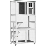 PawHut 74' Wooden Outdoor Cat House Weatherproof & Wheeled, Catio Outdoor Cat Enclosure with High Weight Capacity, Kitten Cage Condo, Gray