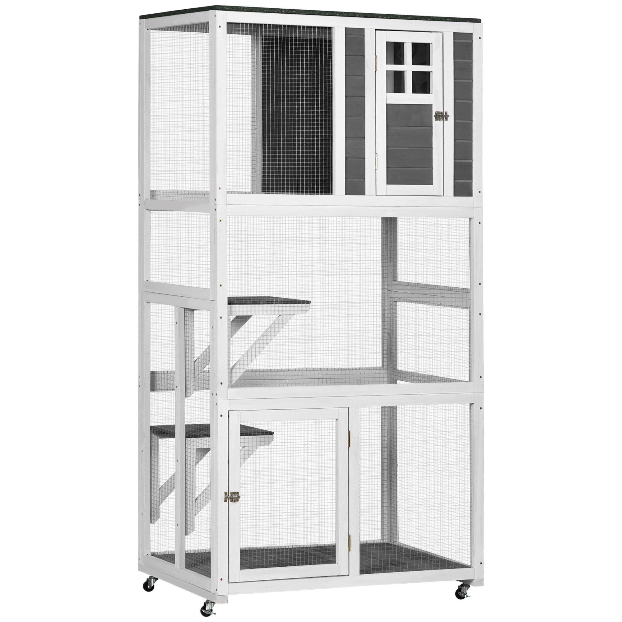 PawHut 74' Wooden Outdoor Cat House Weatherproof & Wheeled, Catio Outdoor Cat Enclosure with High Weight Capacity, Kitten Cage Condo, Gray