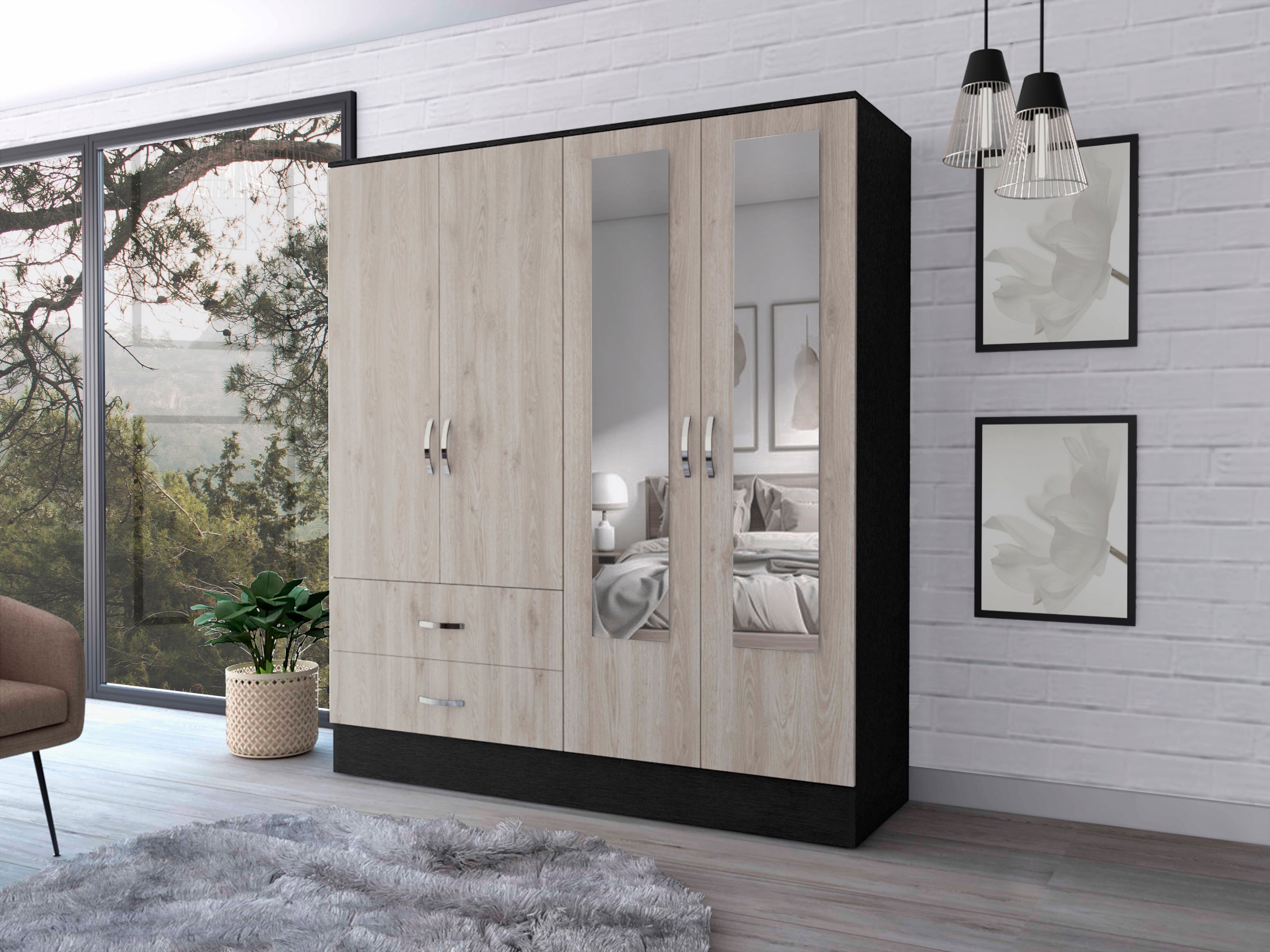 Florencia L Mirrored Armoire, Two Cabinets With Divisions,Black and Light Grey