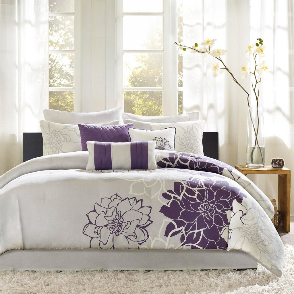 Printed Cotton Sateen Comforter Set Taupe Grey/Purple Queen