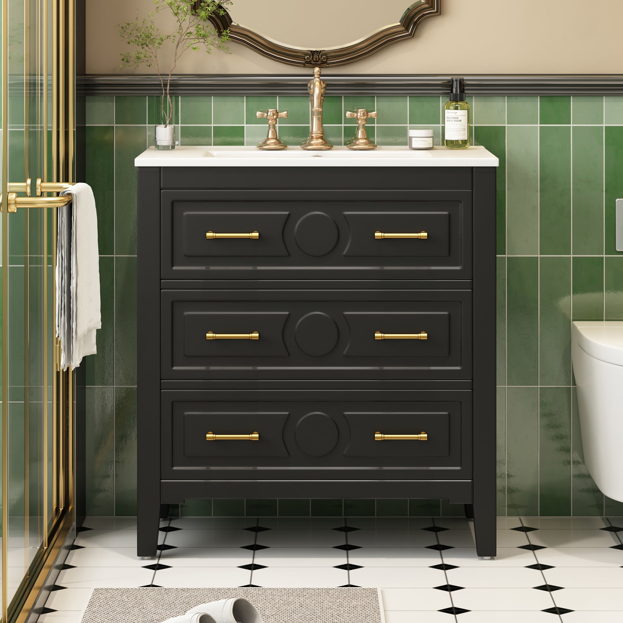 30'' Bathroom Vanity with Ceramic Sink Combo, Free Standing Single Vanity Set with 3 Drawers, Solid Wood Frame Bathroom Storage Cabinet, Black