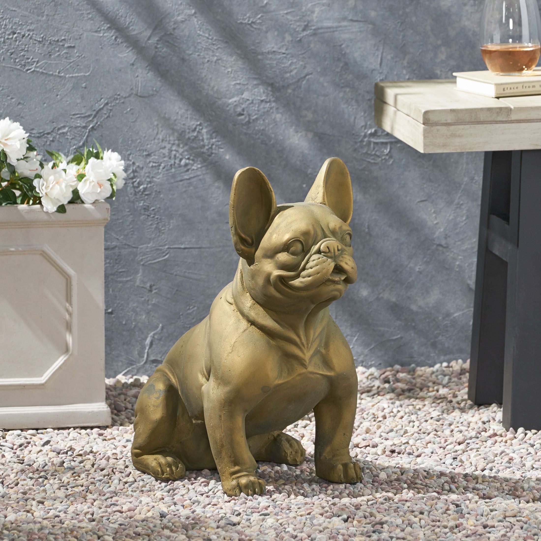 DOG GARDEN SCULPTURE, Outdoor French Bulldog Garden Statue, Rustic Gold, No Assembly Required