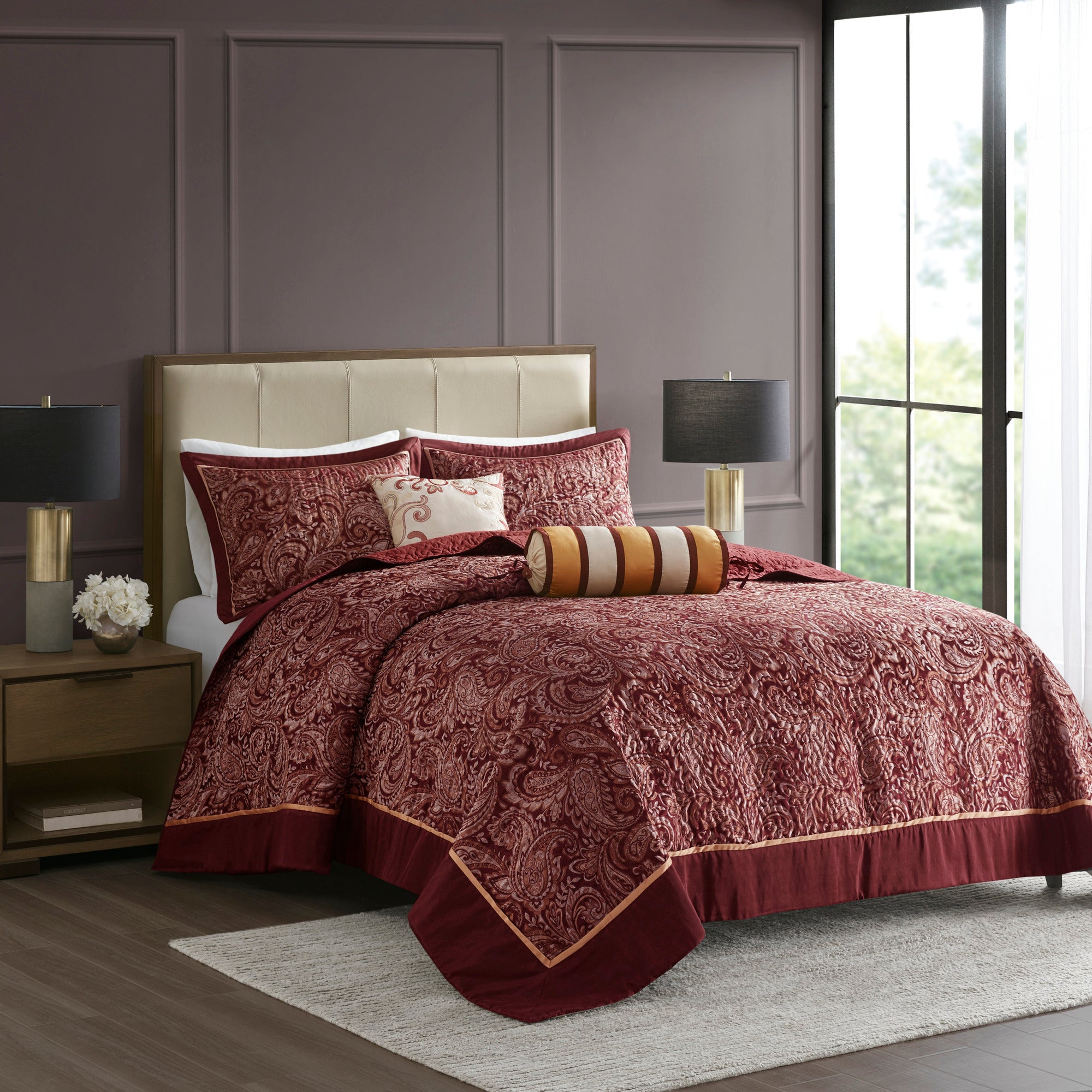 5 Piece Jacquard Bedspread Set with Throw Pillows Burgundy Queen