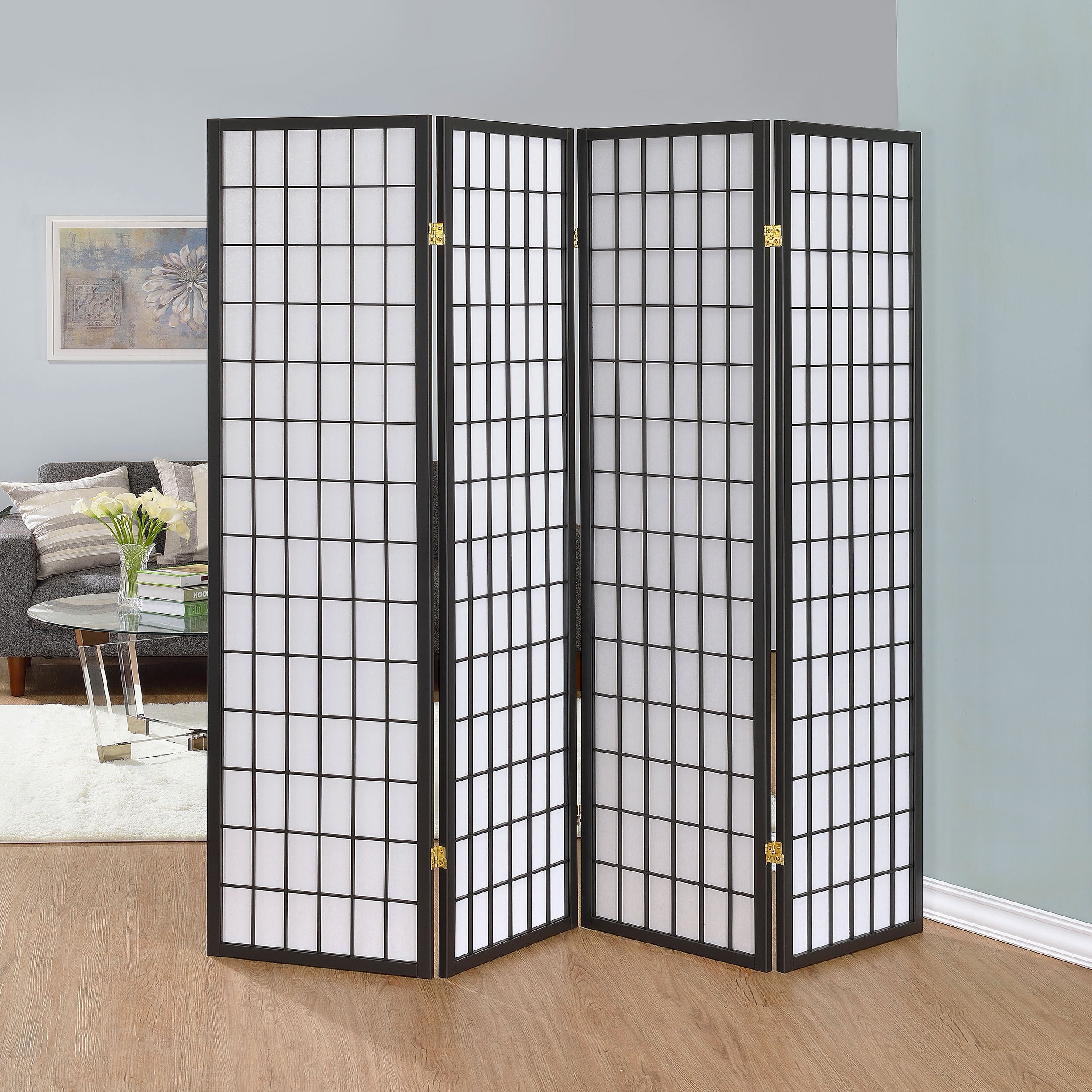 Sartre Dark Grey 4-Panel Room Divider Folding Shoji Screen